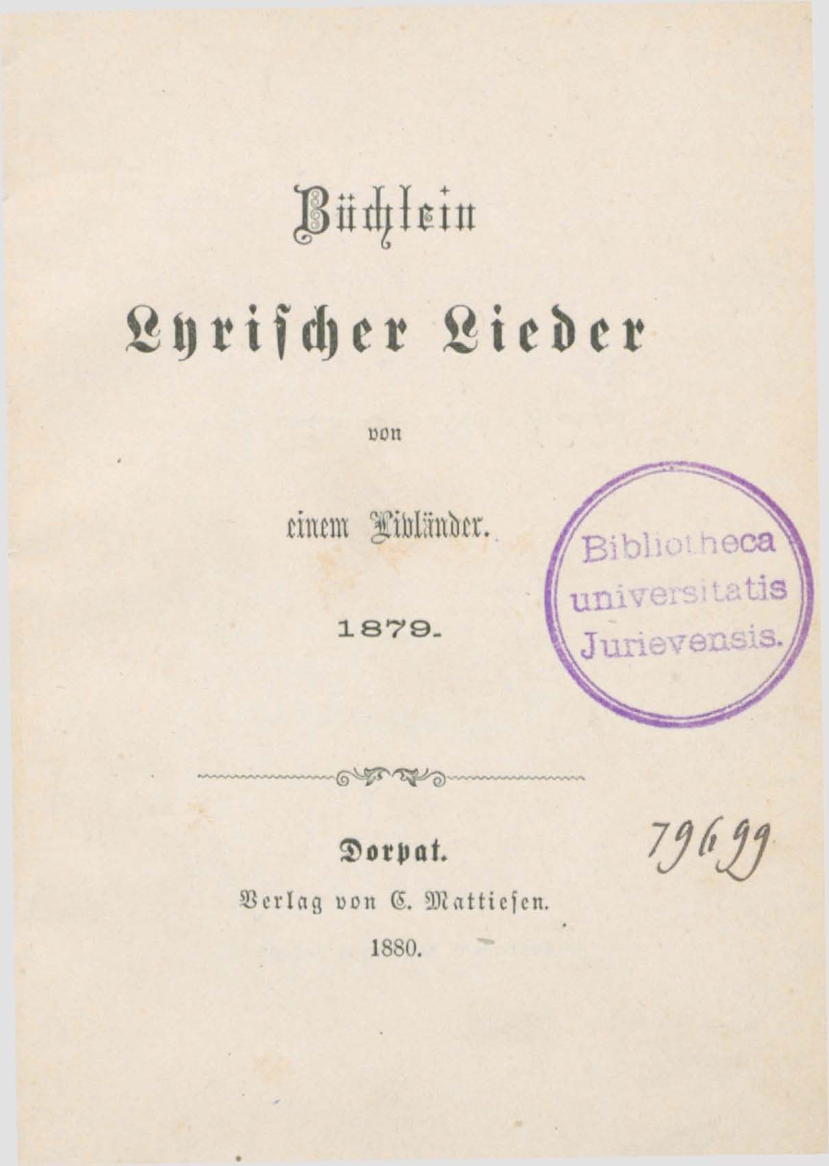 Büchlein Lyrischer Lieder (1880) | 2. Титульный лист