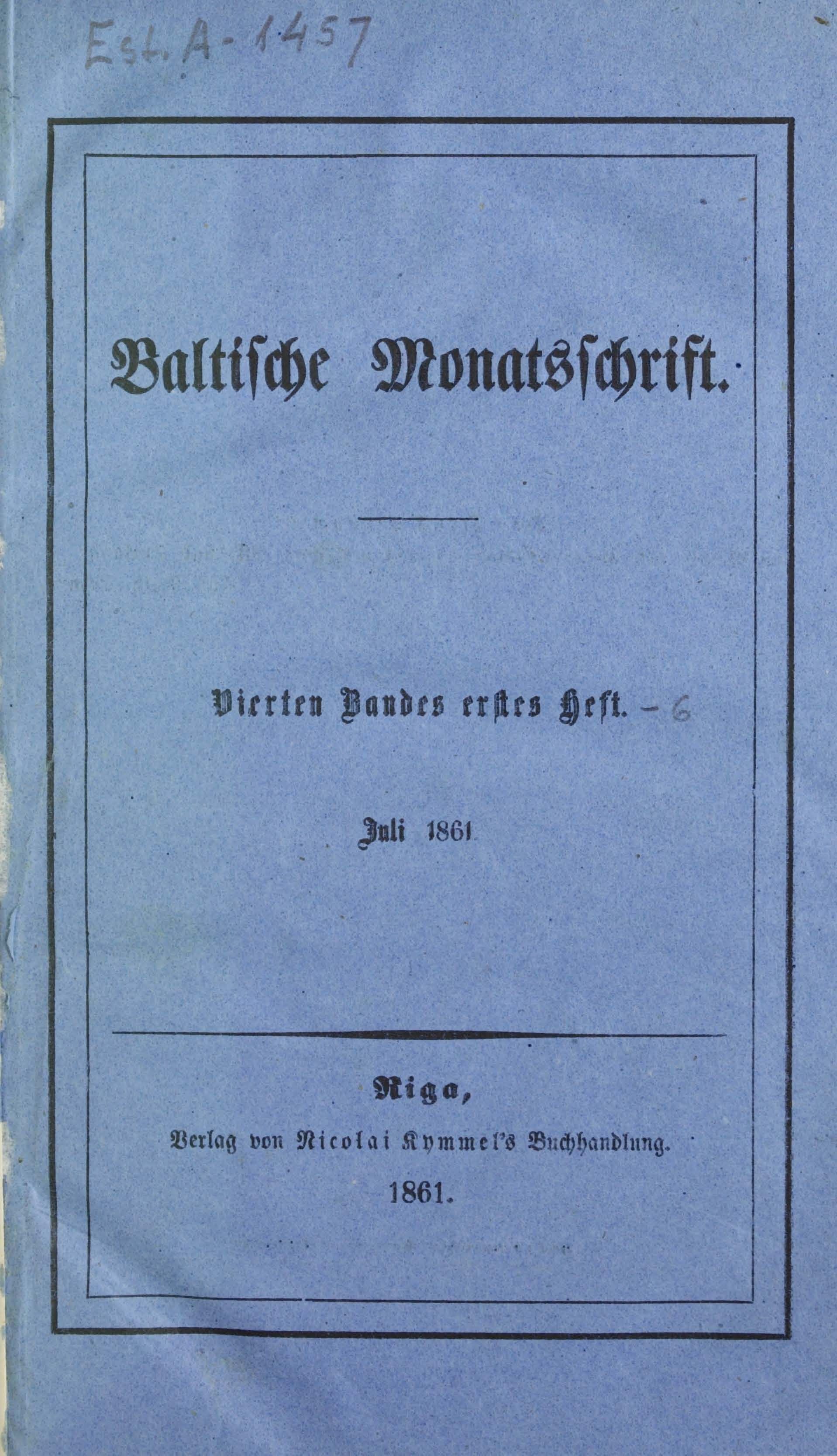 Baltische Monatsschrift [04/01] (1861) | 1. Титульный лист