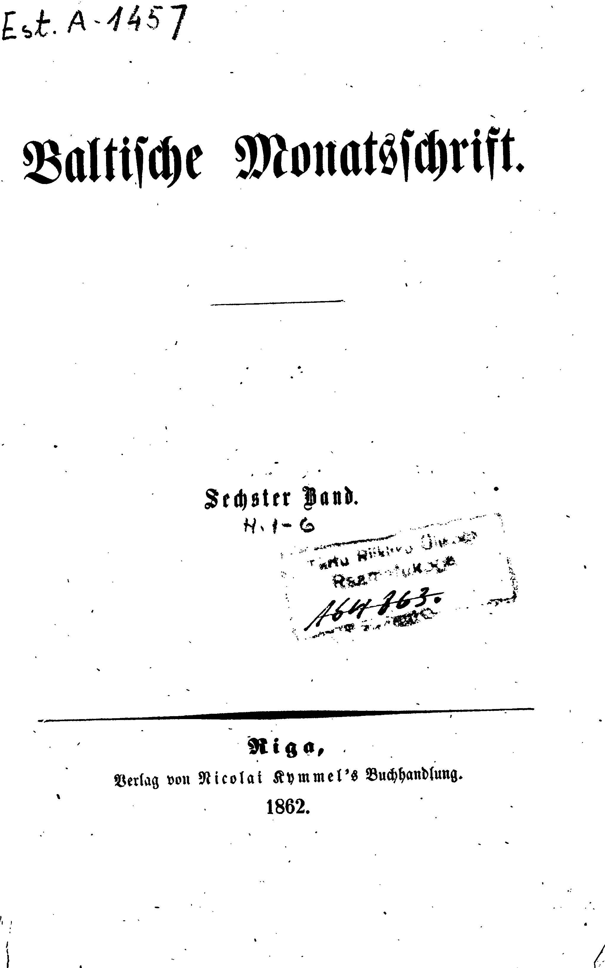 Baltische Monatsschrift [06/01] (1862) | 1. Титульный лист
