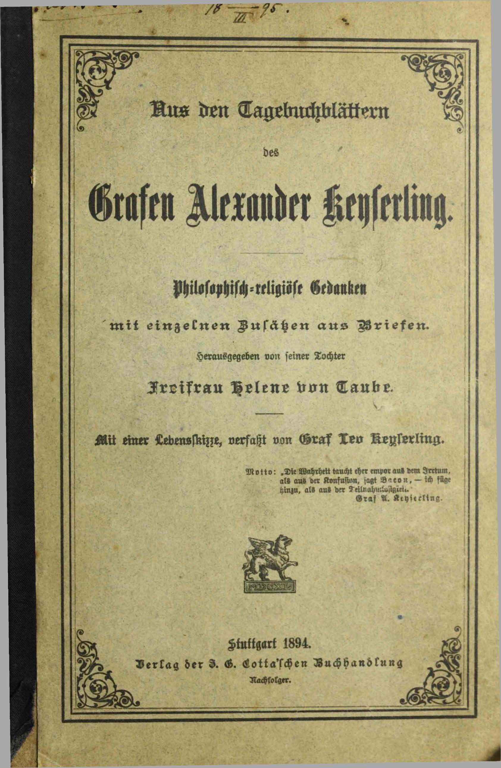Aus den Tagebuchblättern (1894) | 1. Vorderdeckel