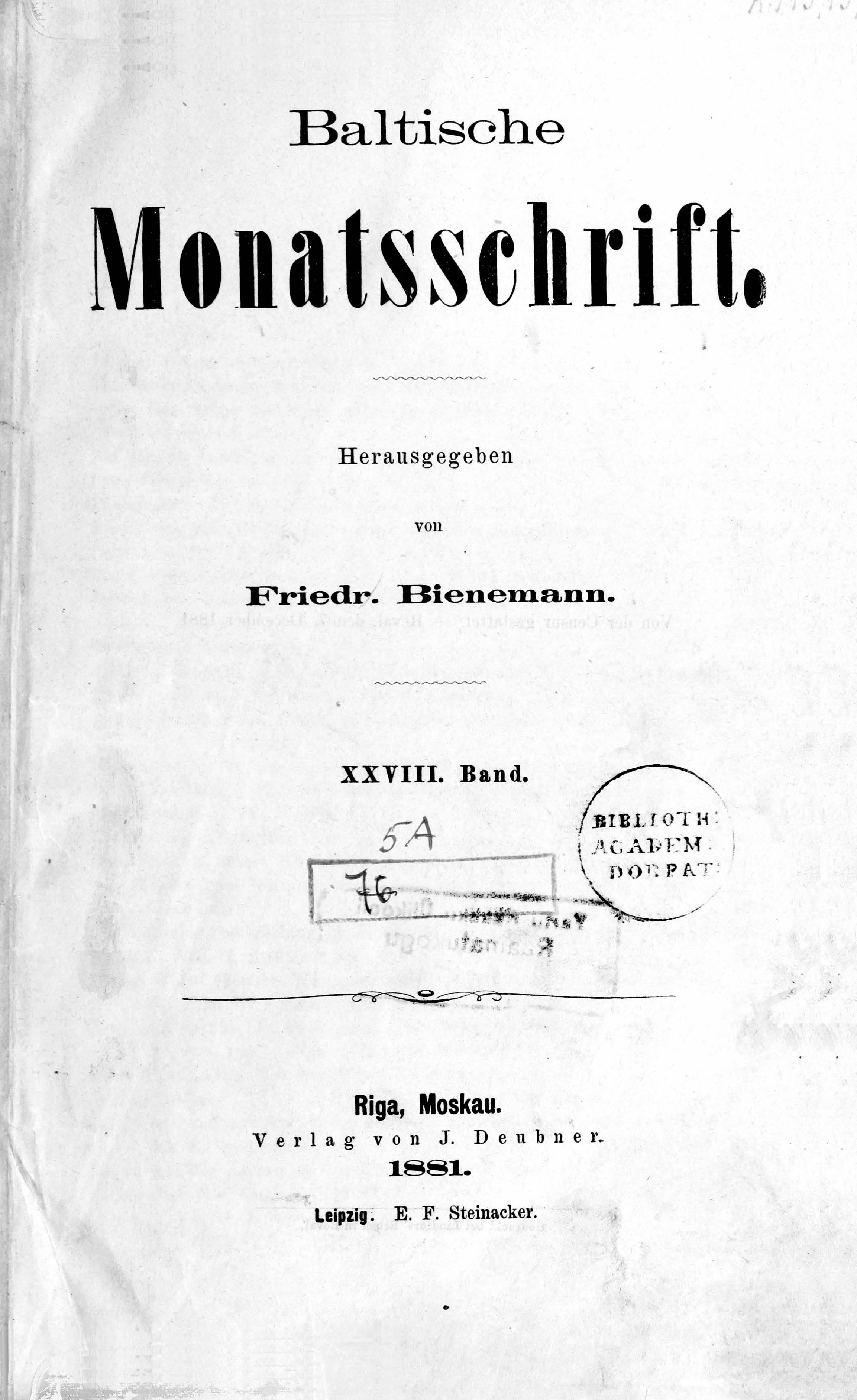 Baltische Monatsschrift [28] (1881) | 1. Титульный лист