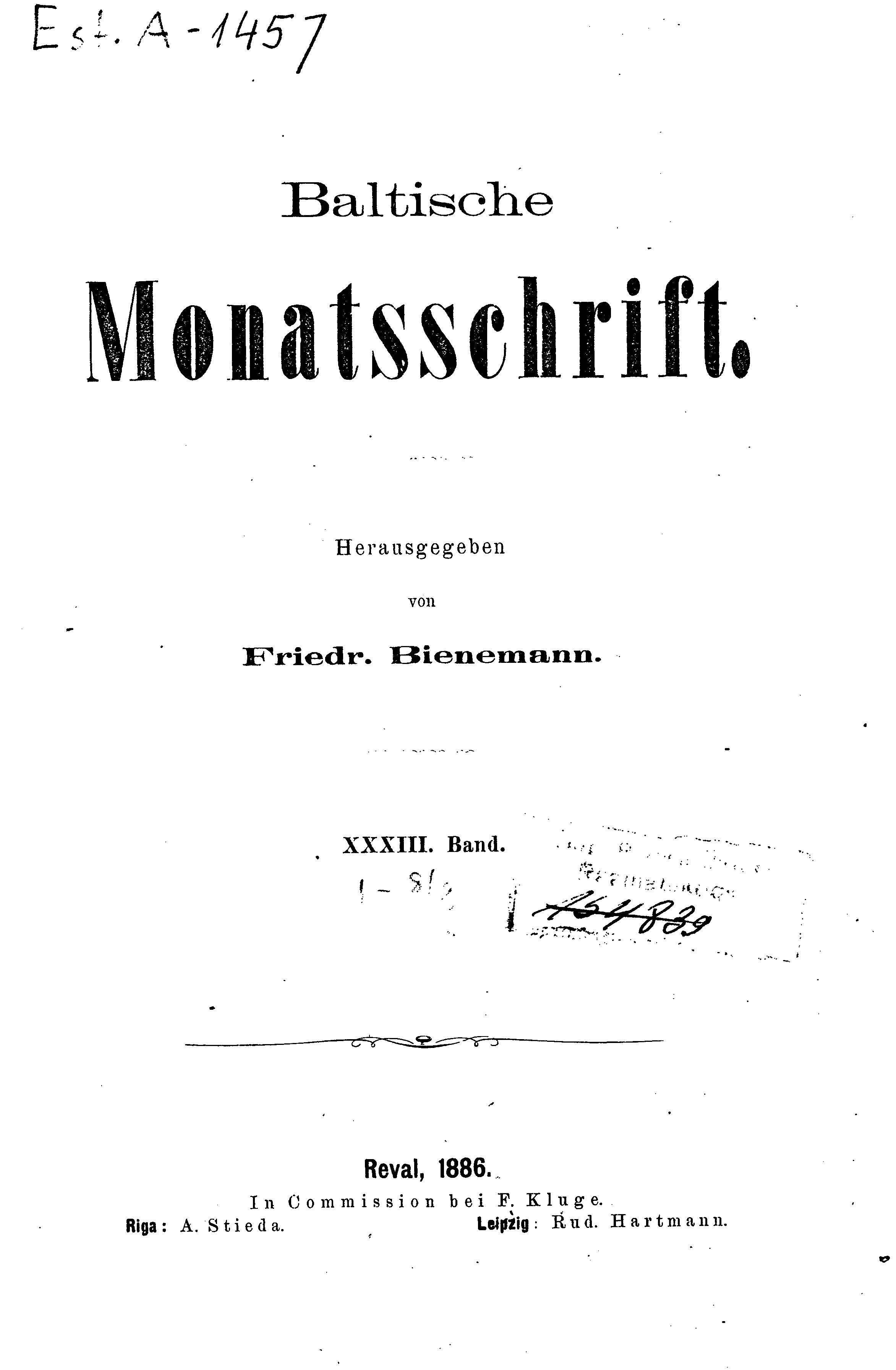 Baltische Monatsschrift [33] (1886) | 1. Титульный лист