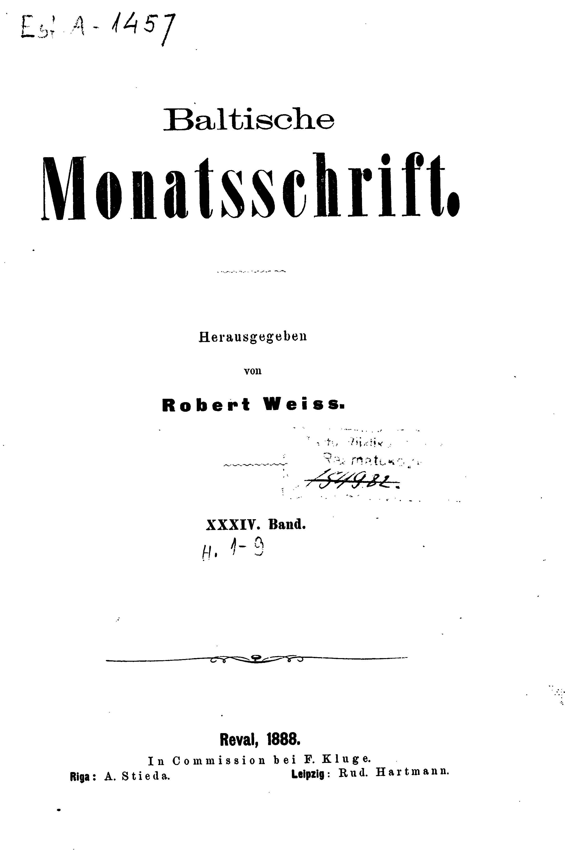 Baltische Monatsschrift [34] (1888) | 1. Титульный лист