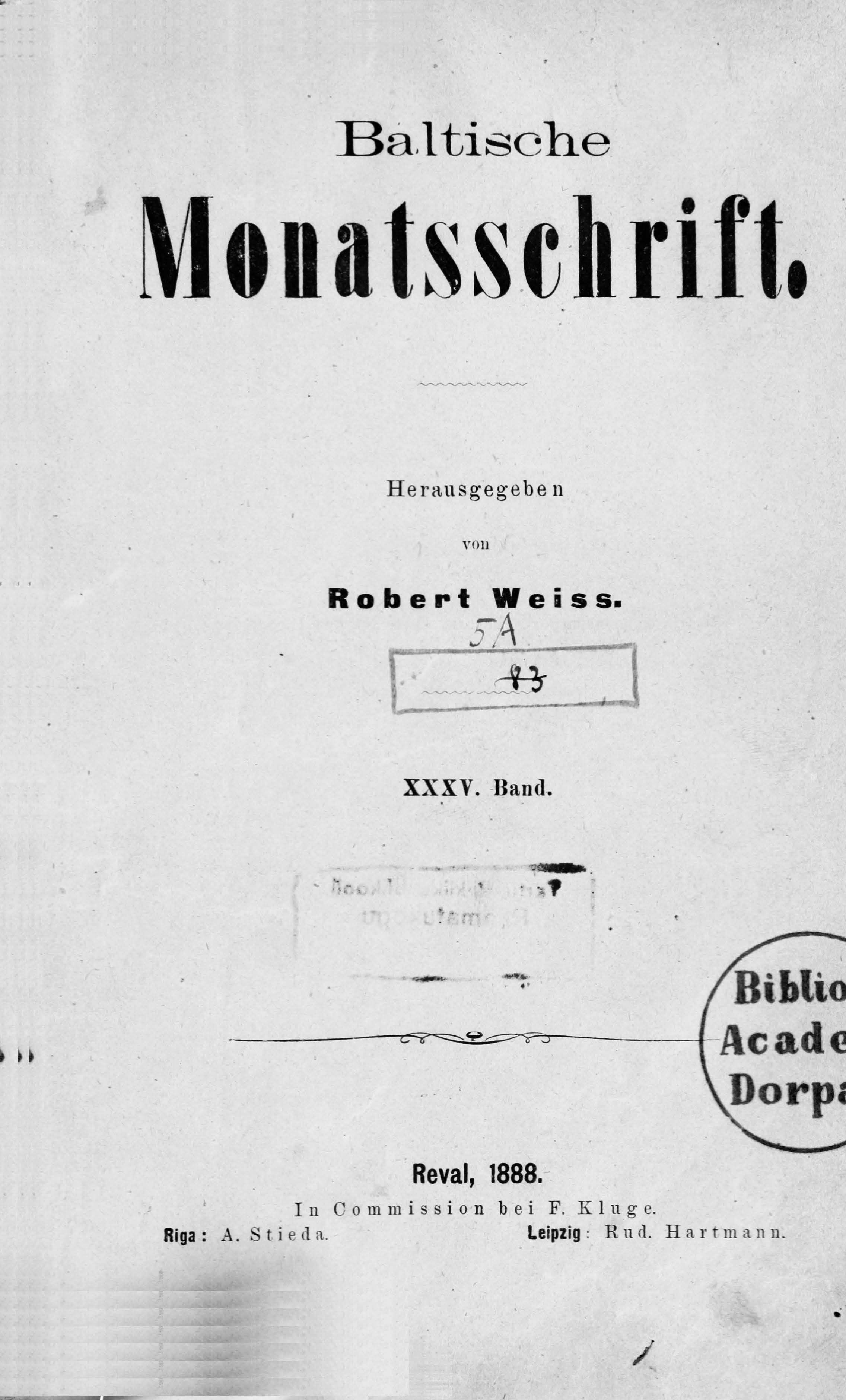 Baltische Monatsschrift [35] (1888) | 1. Title page
