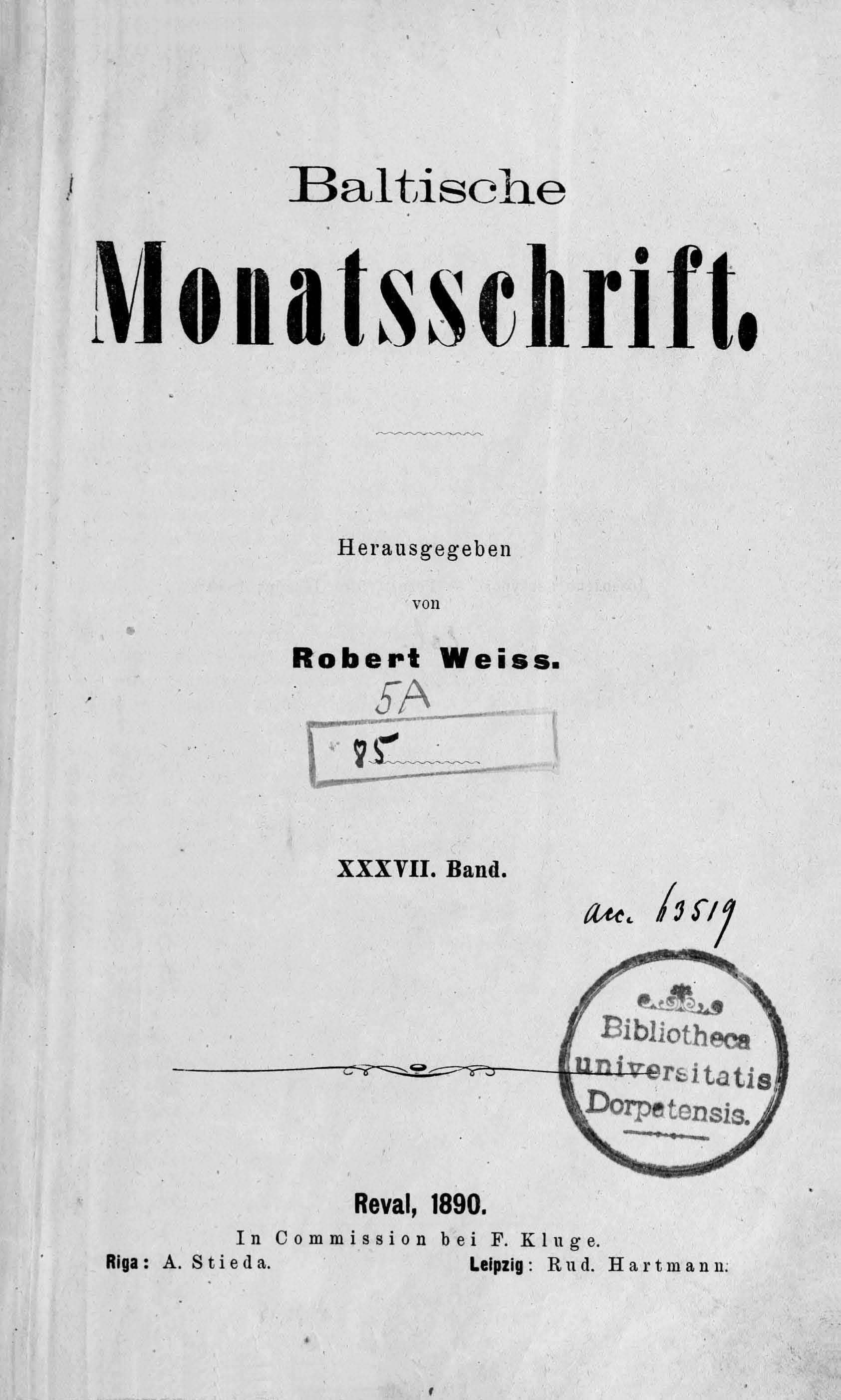 Baltische Monatsschrift [37] (1890) | 1. Title page