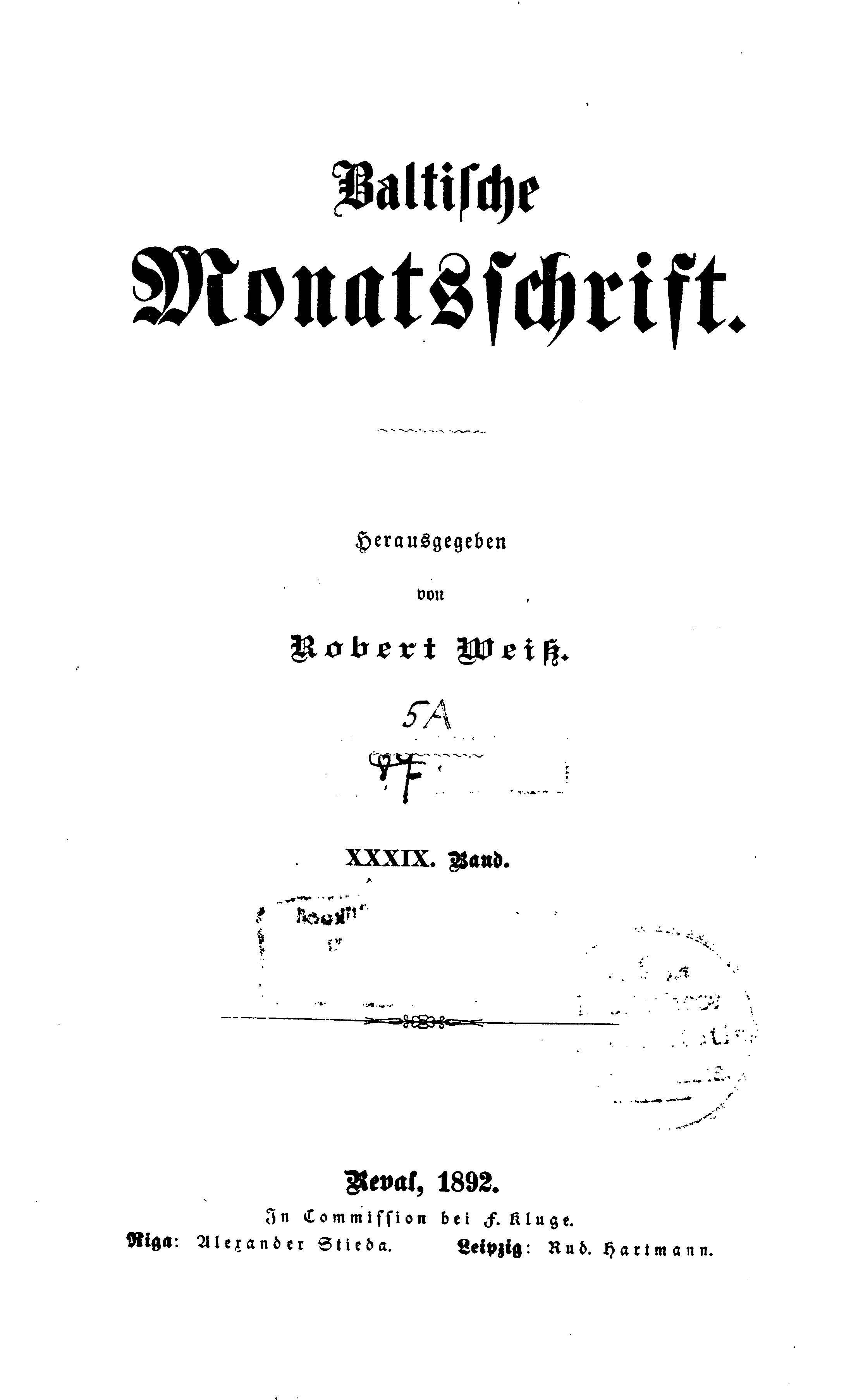 Baltische Monatsschrift [39] (1892) | 1. Title page