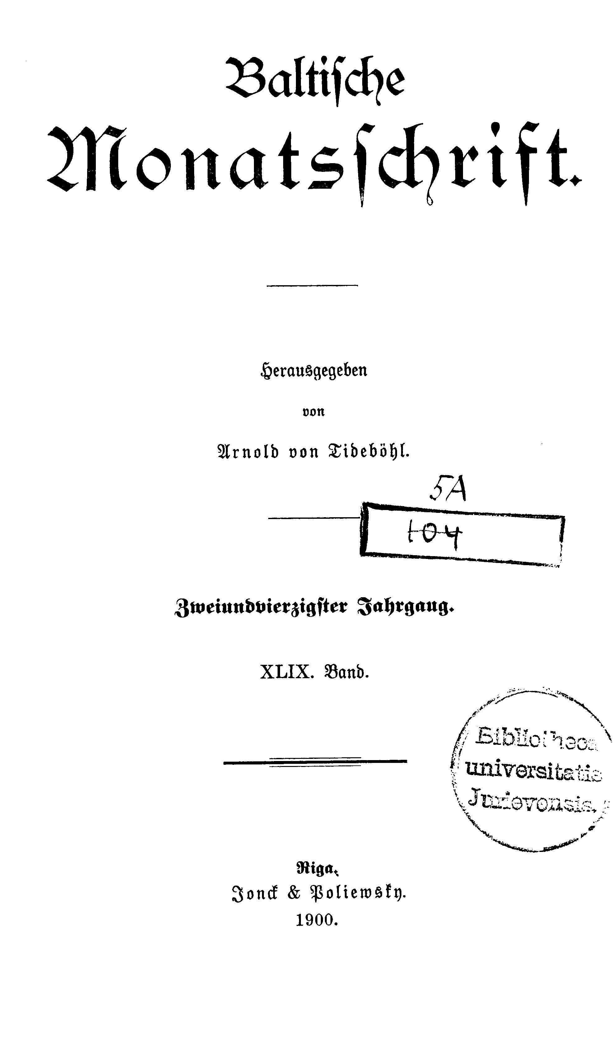 Baltische Monatsschrift [49] (1900) | 1. Titelblatt