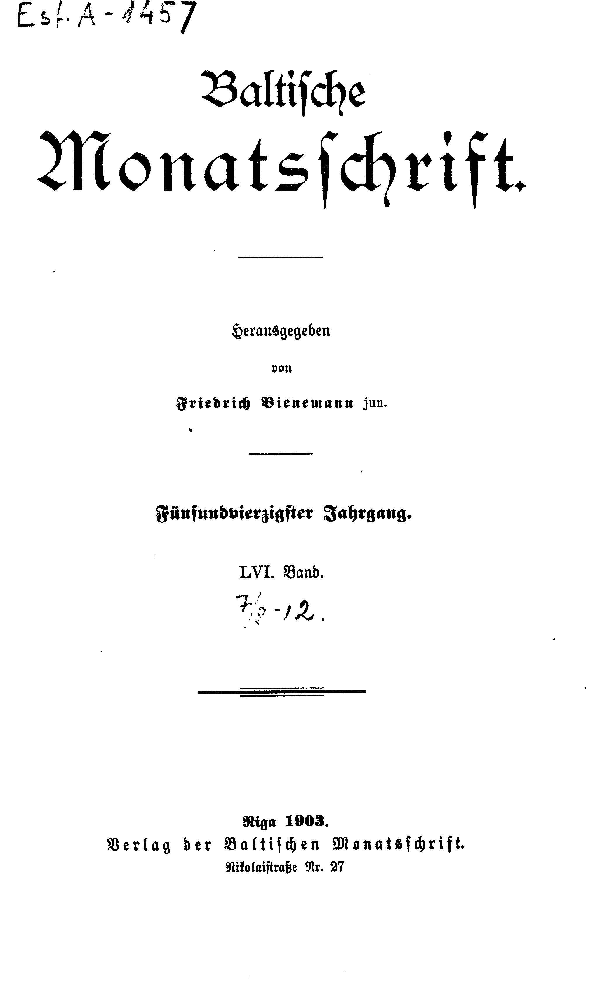 Baltische Monatsschrift [56] (1903) | 1. Tiitelleht