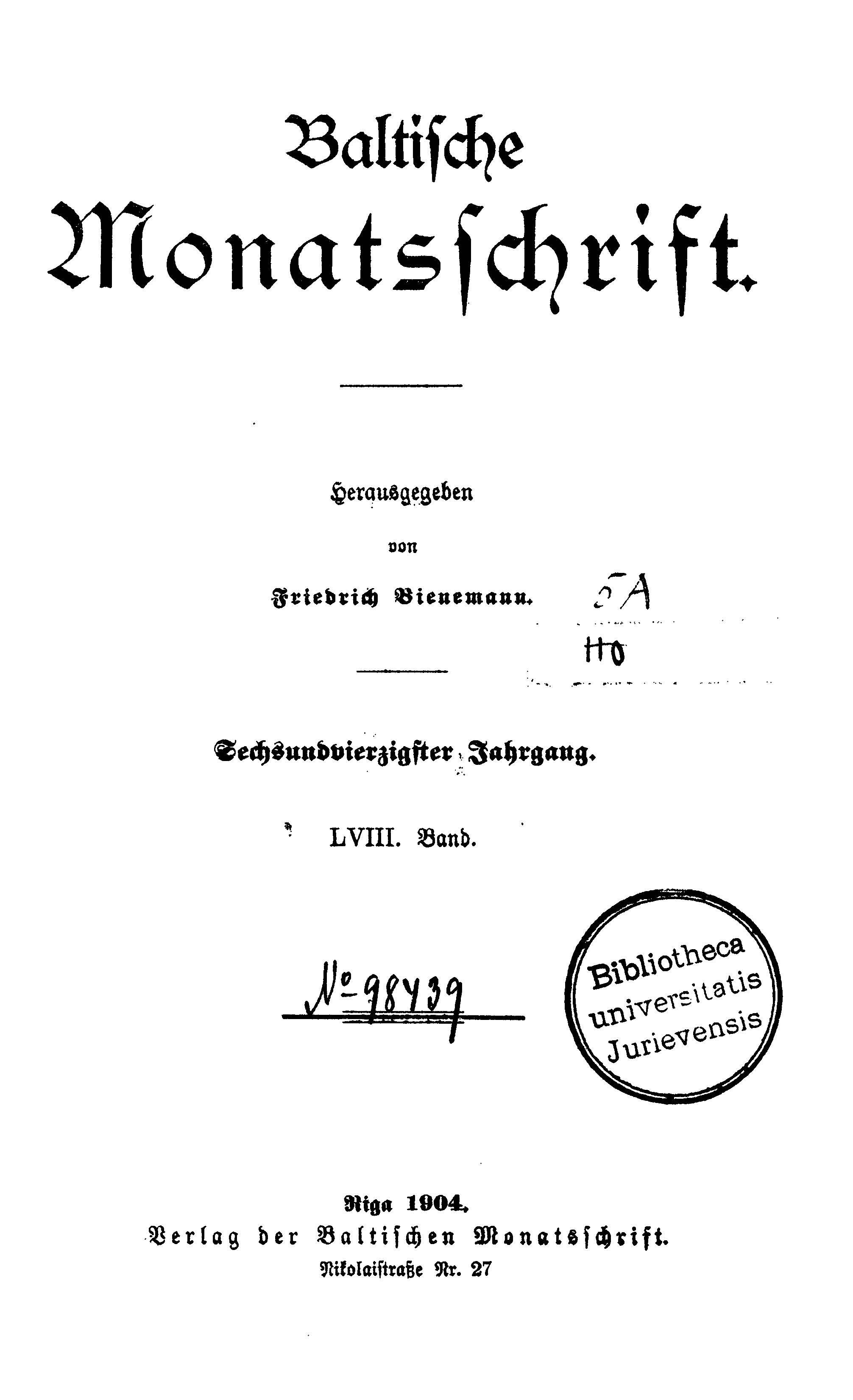 Baltische Monatsschrift [58] (1904) | 1. Титульный лист