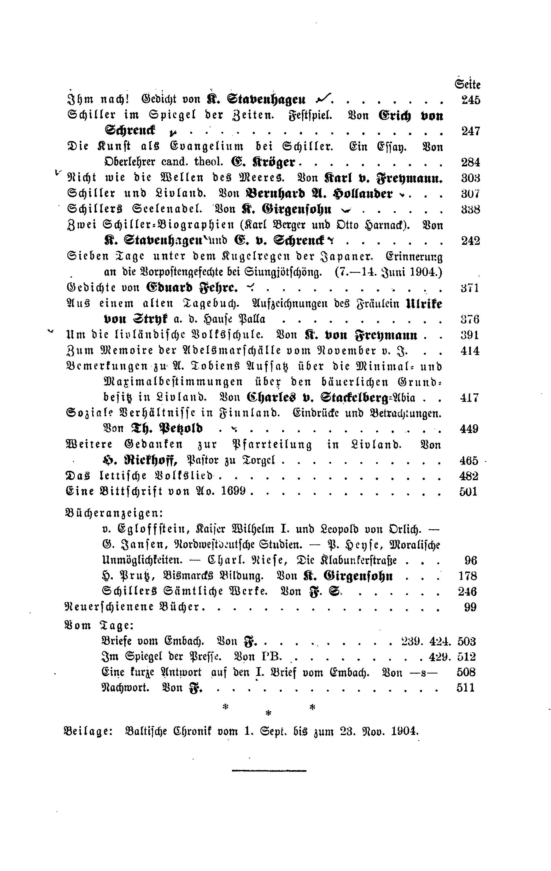 Baltische Monatsschrift [59] (1905) | 3. Table of contents