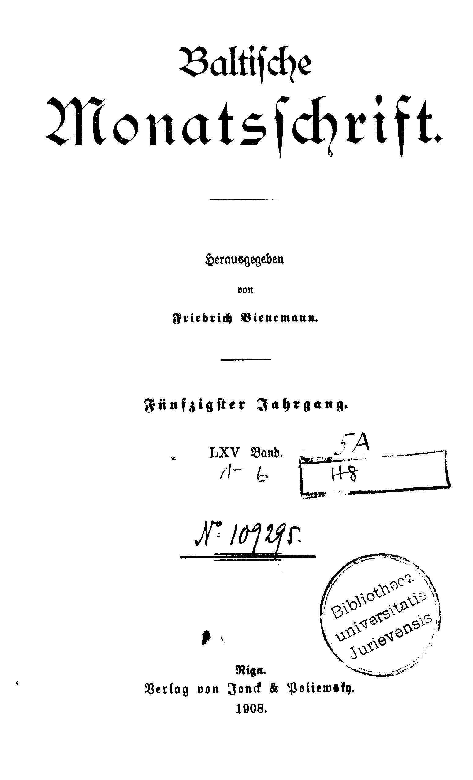 Baltische Monatsschrift [65] (1908) | 1. Титульный лист