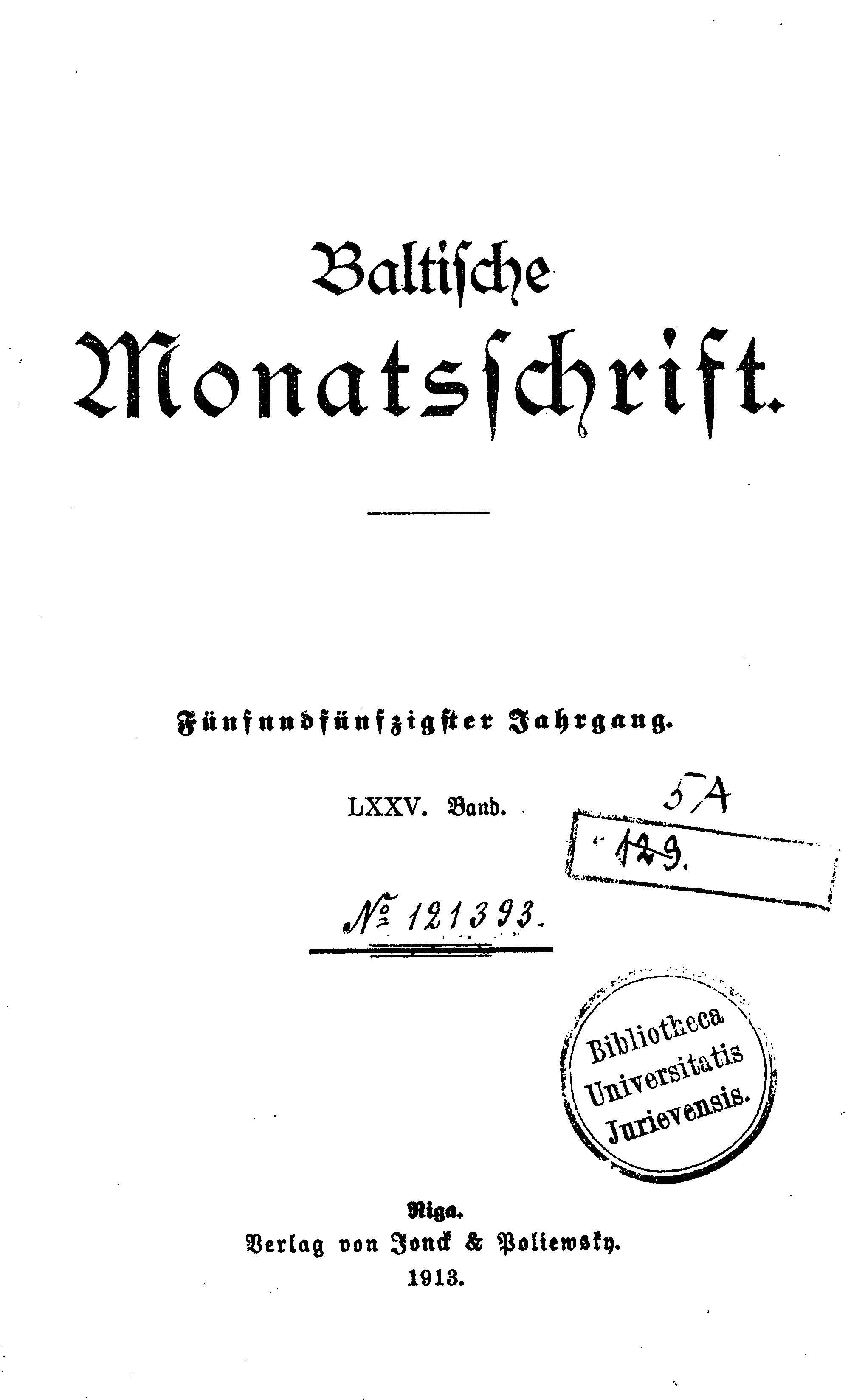 Baltische Monatsschrift [75] (1913) | 3. Титульный лист