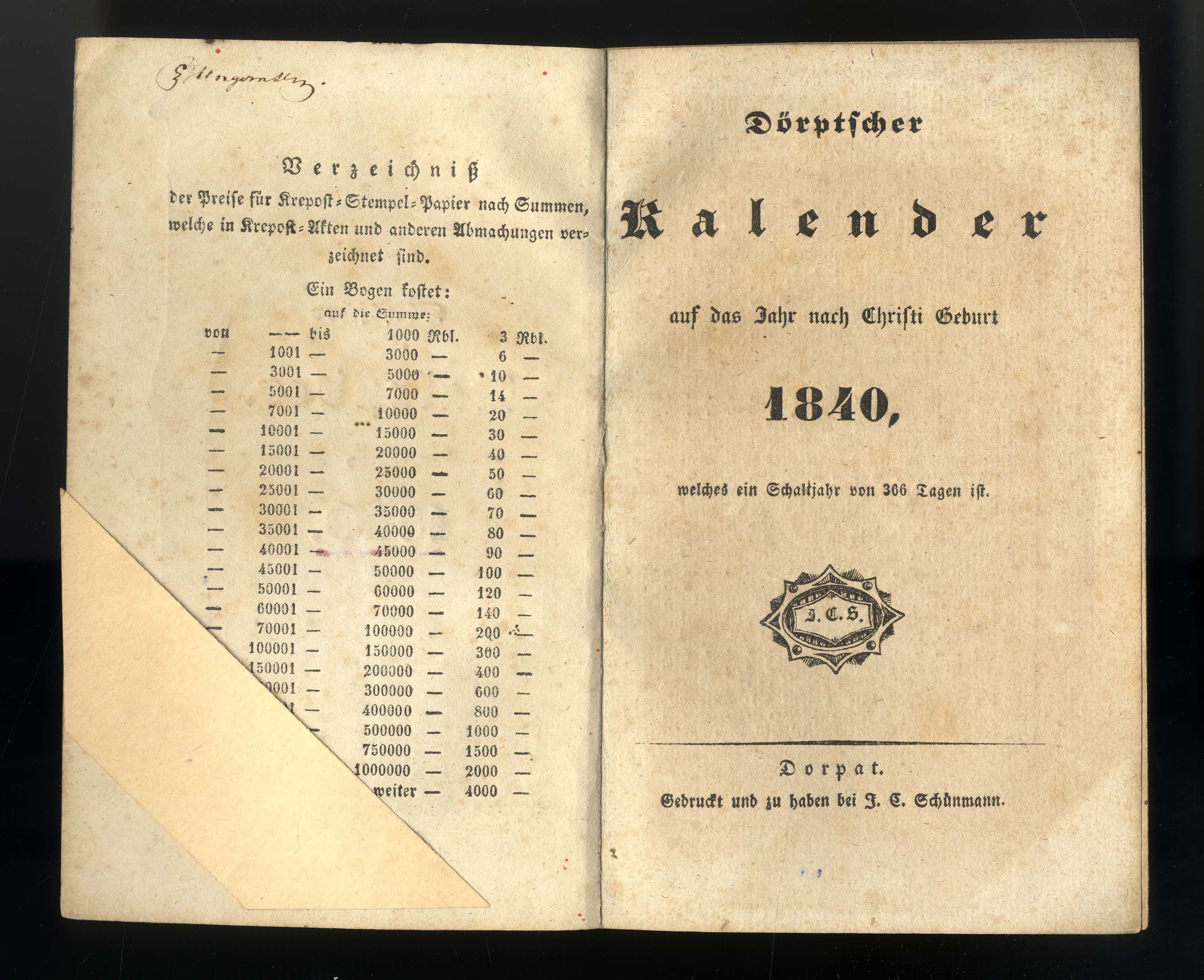 Dörptscher Kalender [1840] (1839) | 2. Tiitelleht