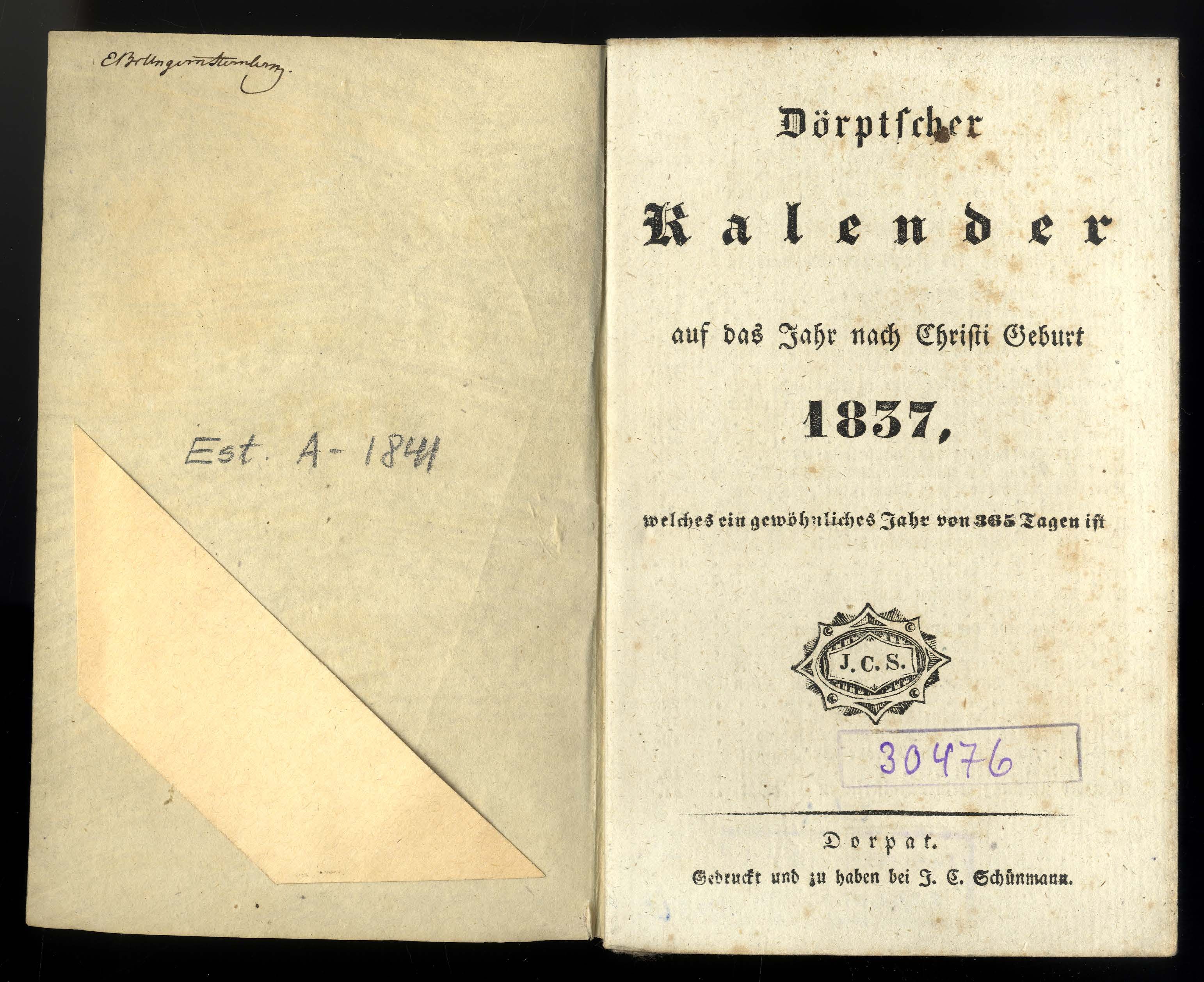 Dörptscher Kalender [1837] (1836) | 2. Title page