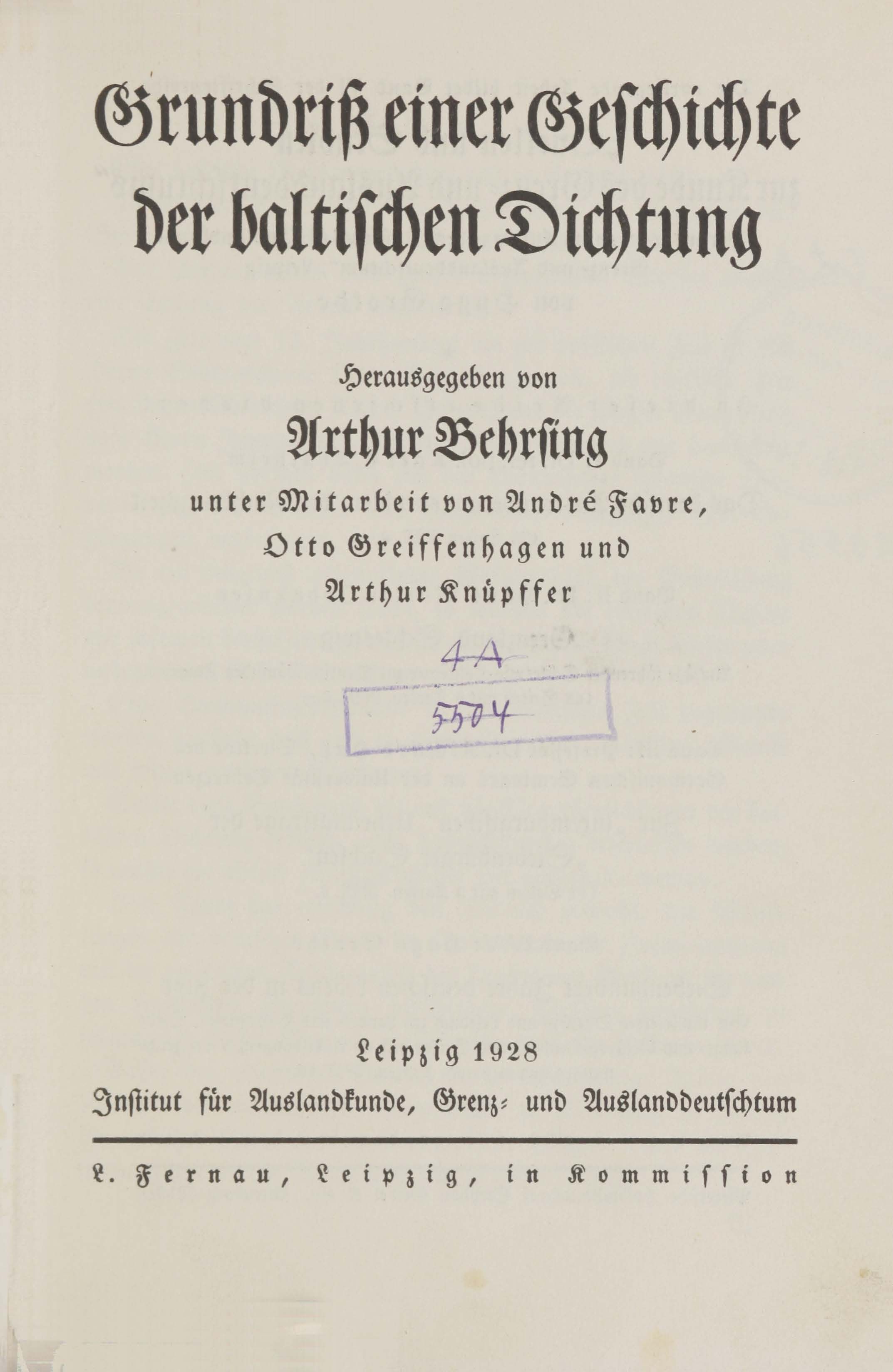 Grundriss einer Geschichte der baltischen Dichtung (1928) | 2. Title page