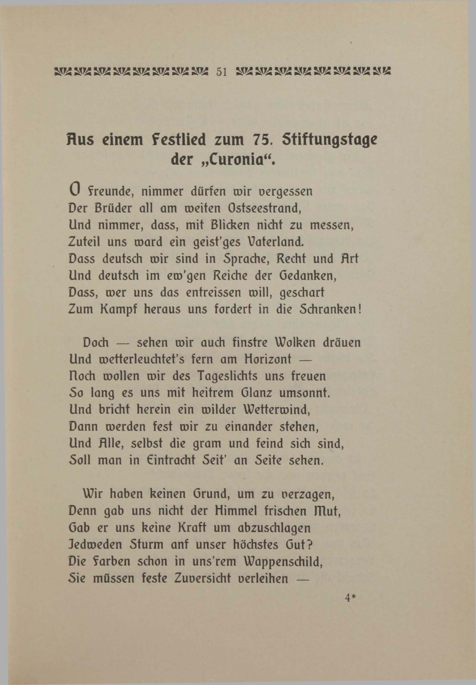 Aus einem Festlied zum 75. Stiftungstage der "Curonia" (1906) | 1. (51) Main body of text