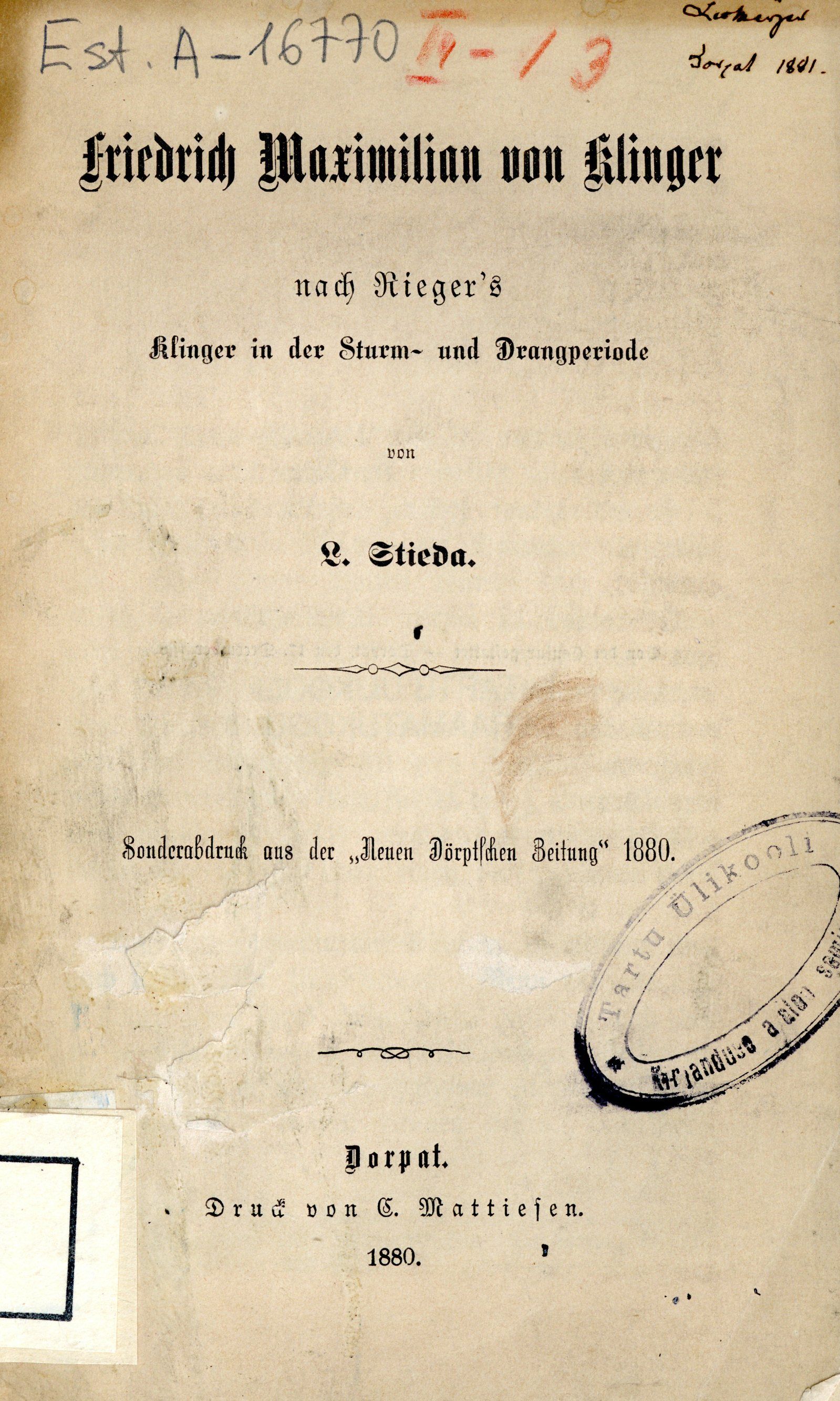 Friedrich Maximilian von Klinger nach Rieger’s Klinger in der Sturm- und Drangperiode (1880) | 1. Title page