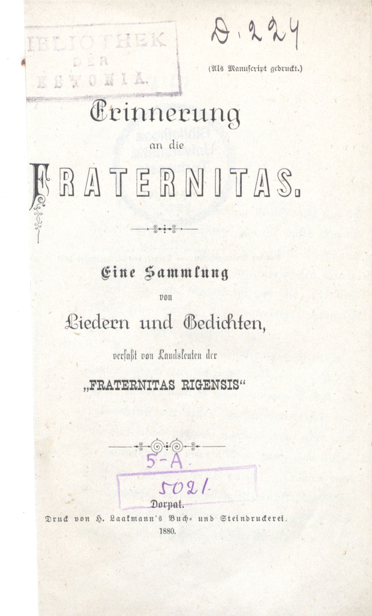 Erinnerung an die Fraternitas (1880) | 3. Titelblatt