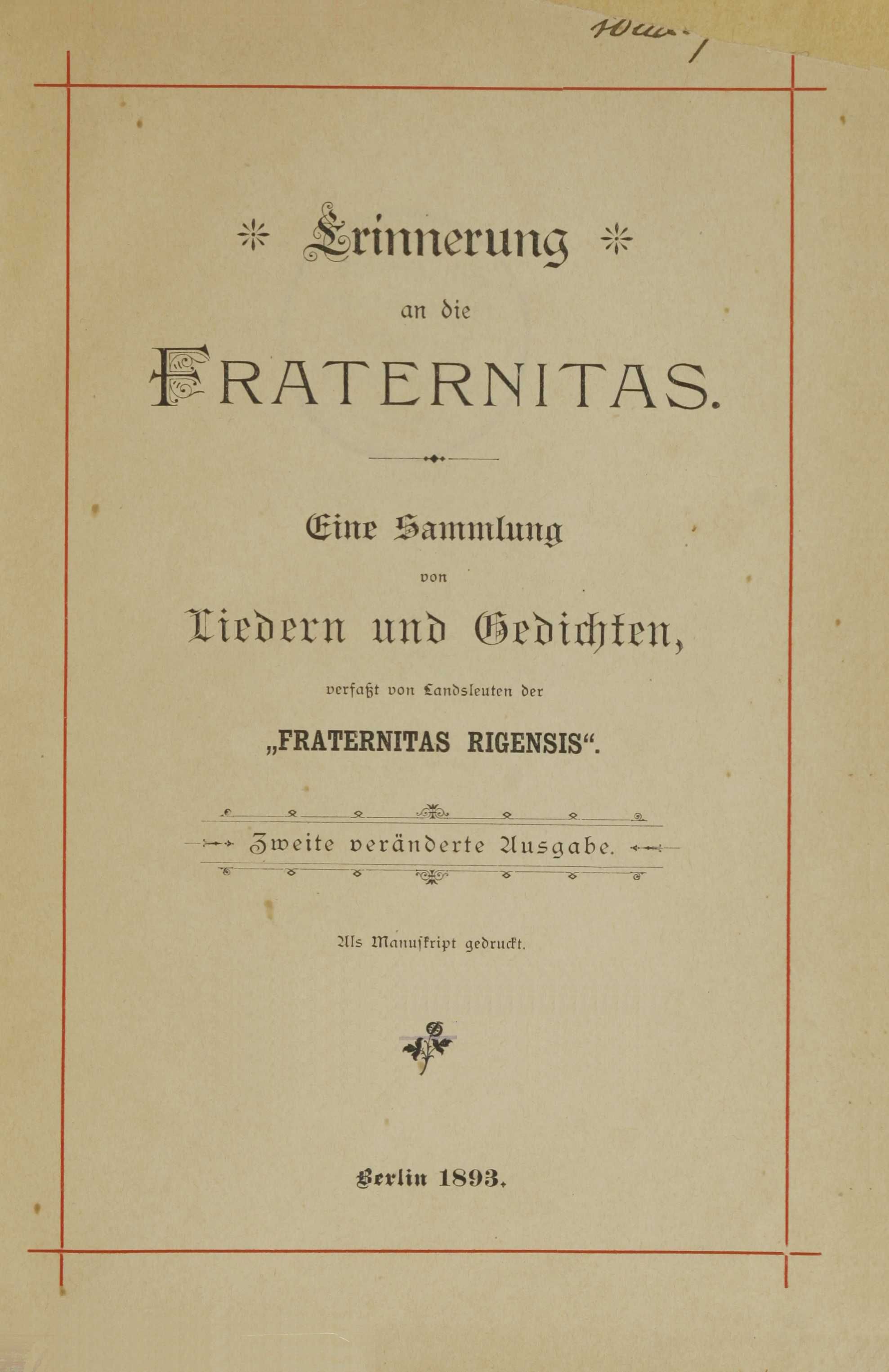 Erinnerung an die Fraternitas (1893) | 2. Titelblatt
