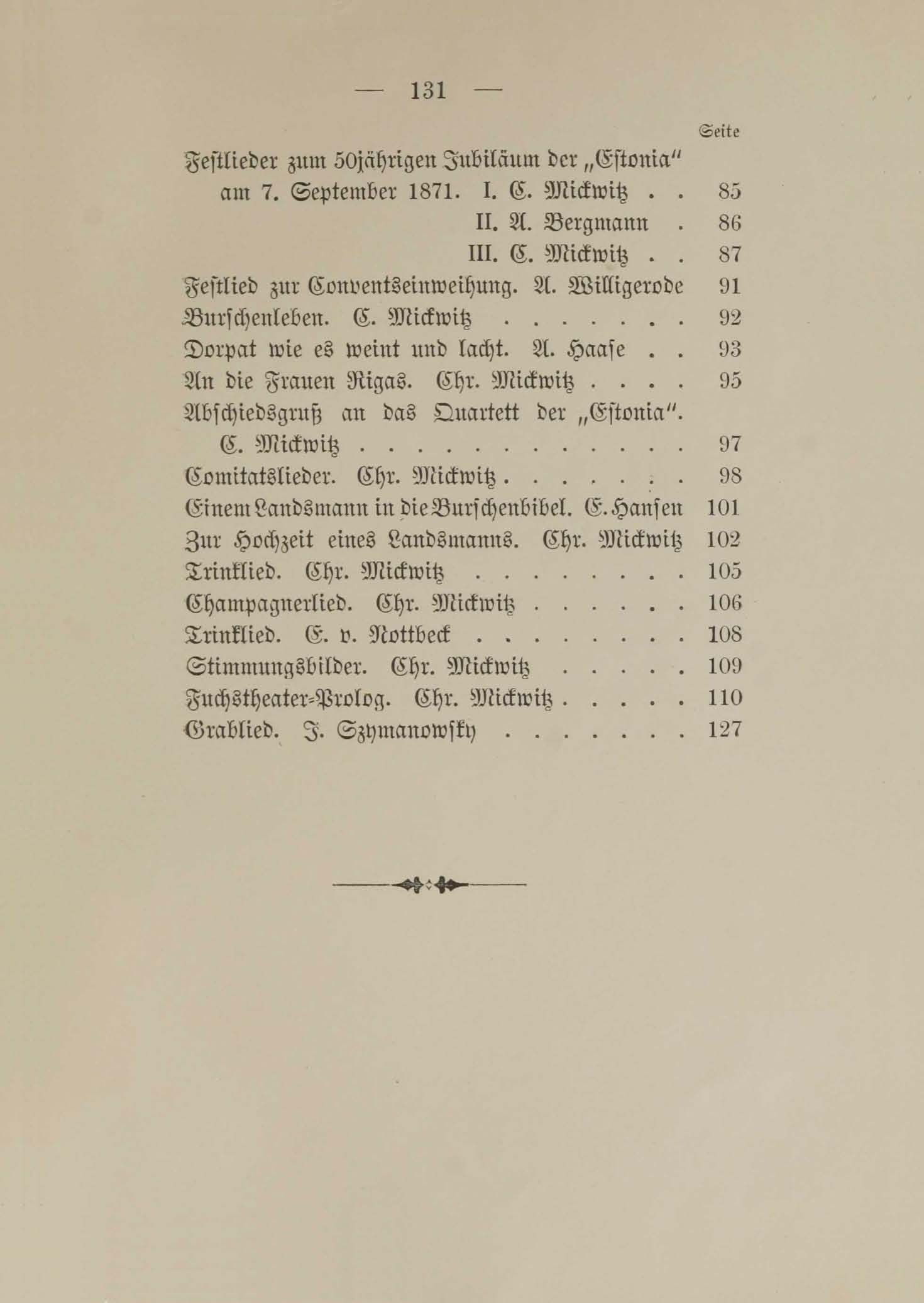 Estonen-Lieder (1890) | 127. (131) Inhaltsverzeichnis