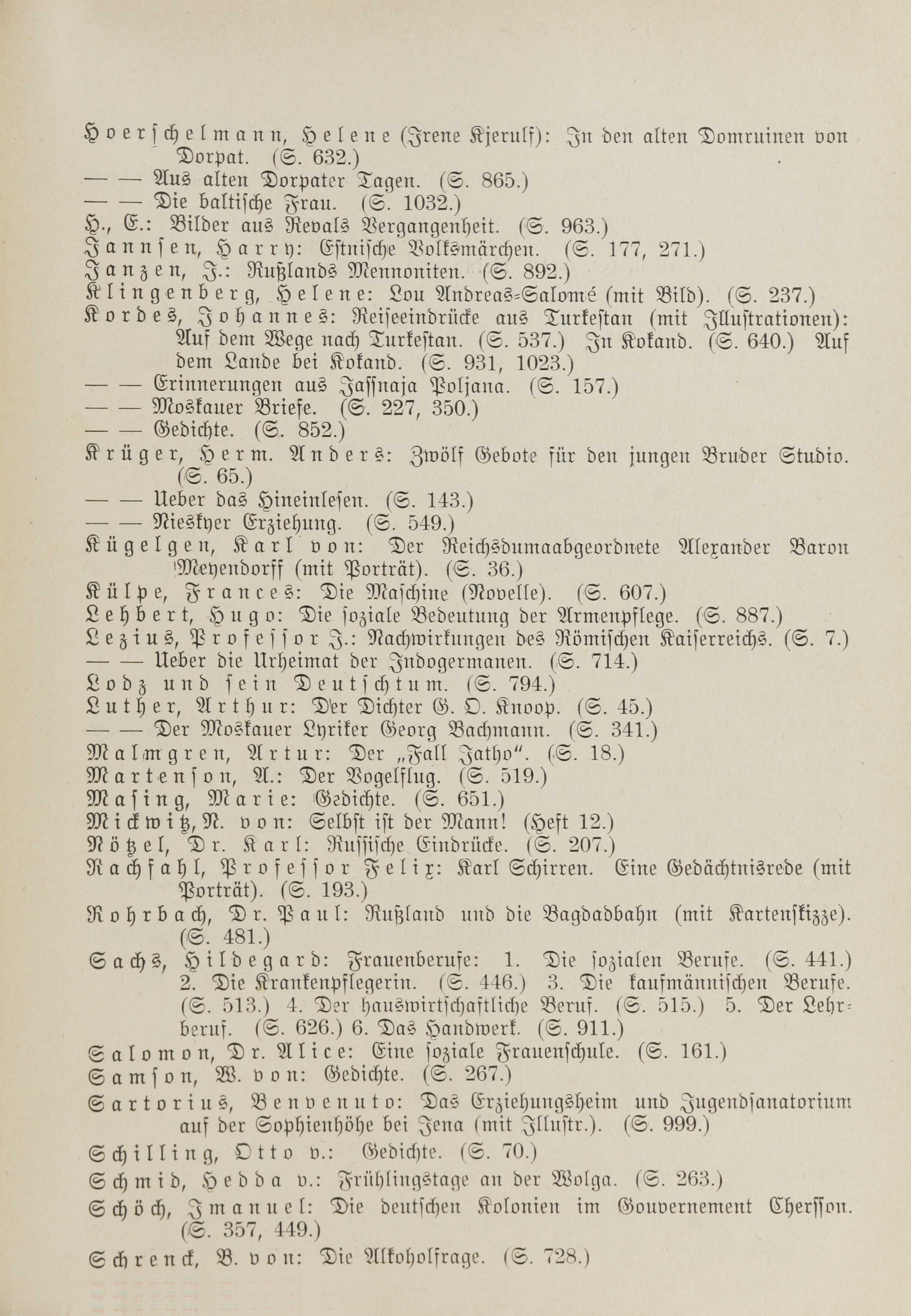 Deutsche Monatsschrift für Russland [1] (1912) | 6. Inhaltsverzeichnis