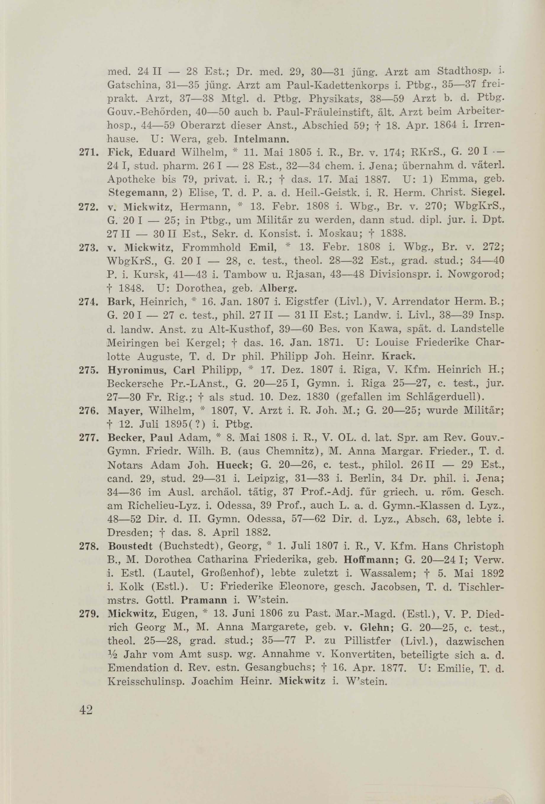 Schüler-Verzeichnis des Revalschen Gouvernements-Gymnasiums 1805–1890 (1931) | 52. (42) Основной текст