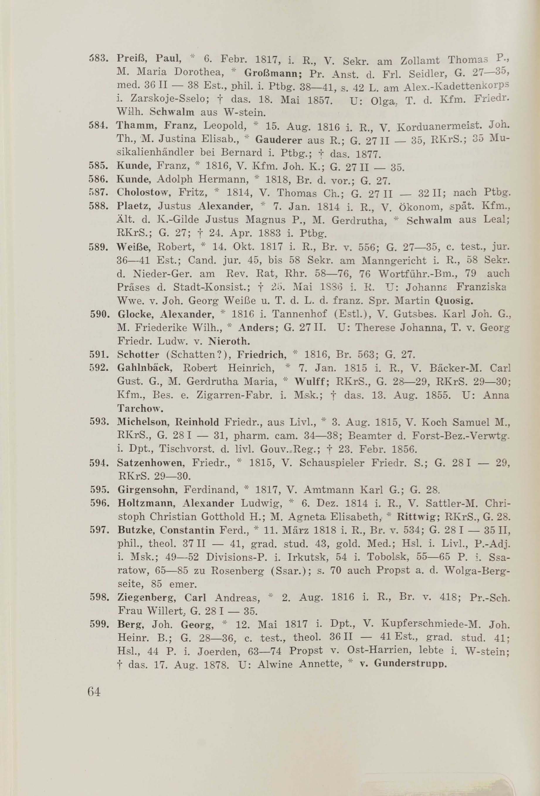 Schüler-Verzeichnis des Revalschen Gouvernements-Gymnasiums 1805–1890 (1931) | 74. (64) Main body of text