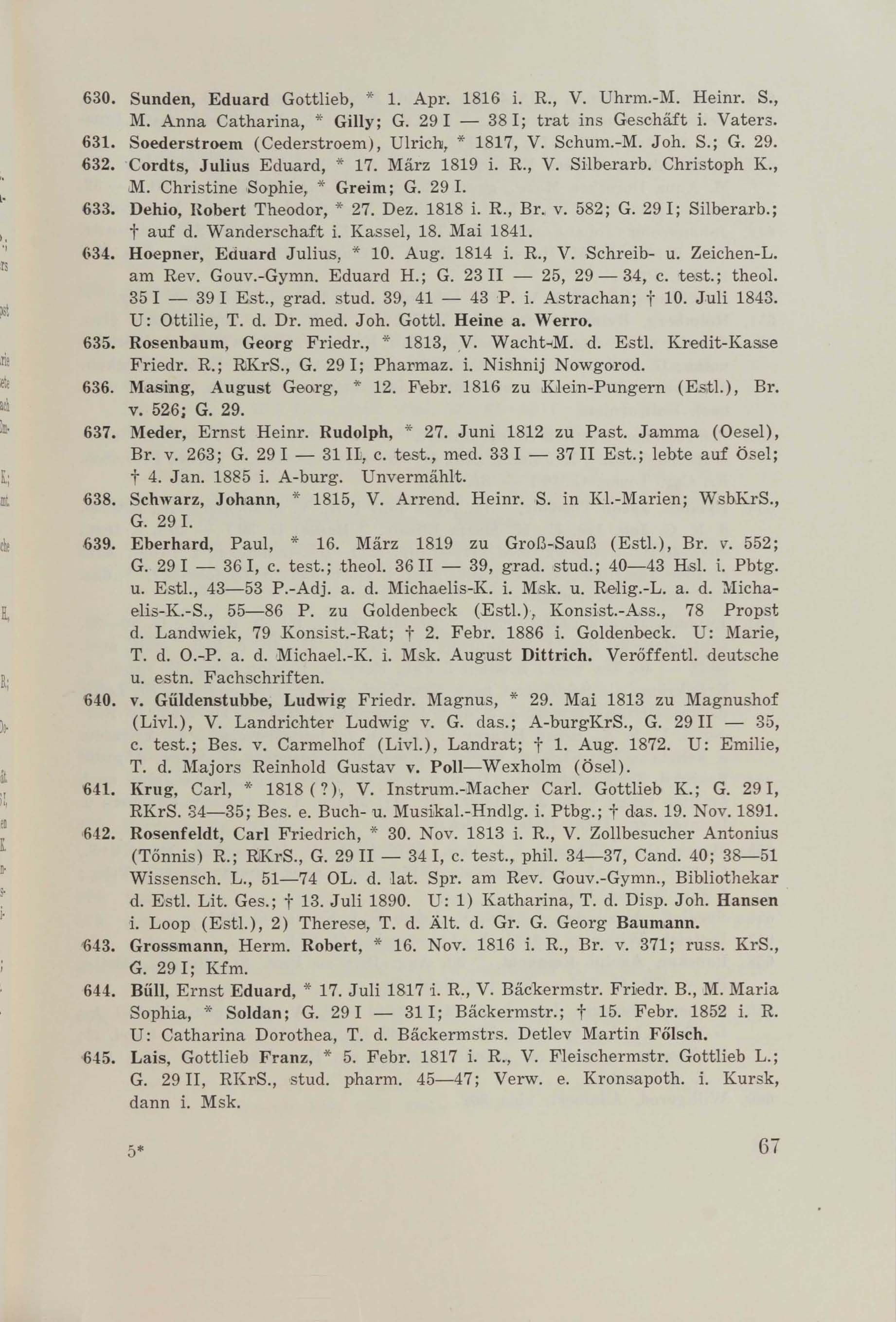 Schüler-Verzeichnis des Revalschen Gouvernements-Gymnasiums 1805–1890 (1931) | 77. (67) Основной текст