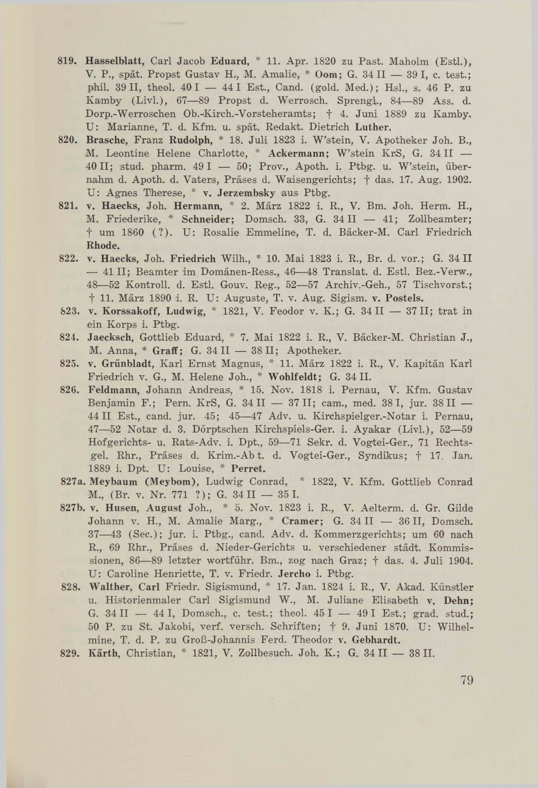 Schüler-Verzeichnis des Revalschen Gouvernements-Gymnasiums 1805–1890 (1931) | 89. (79) Põhitekst