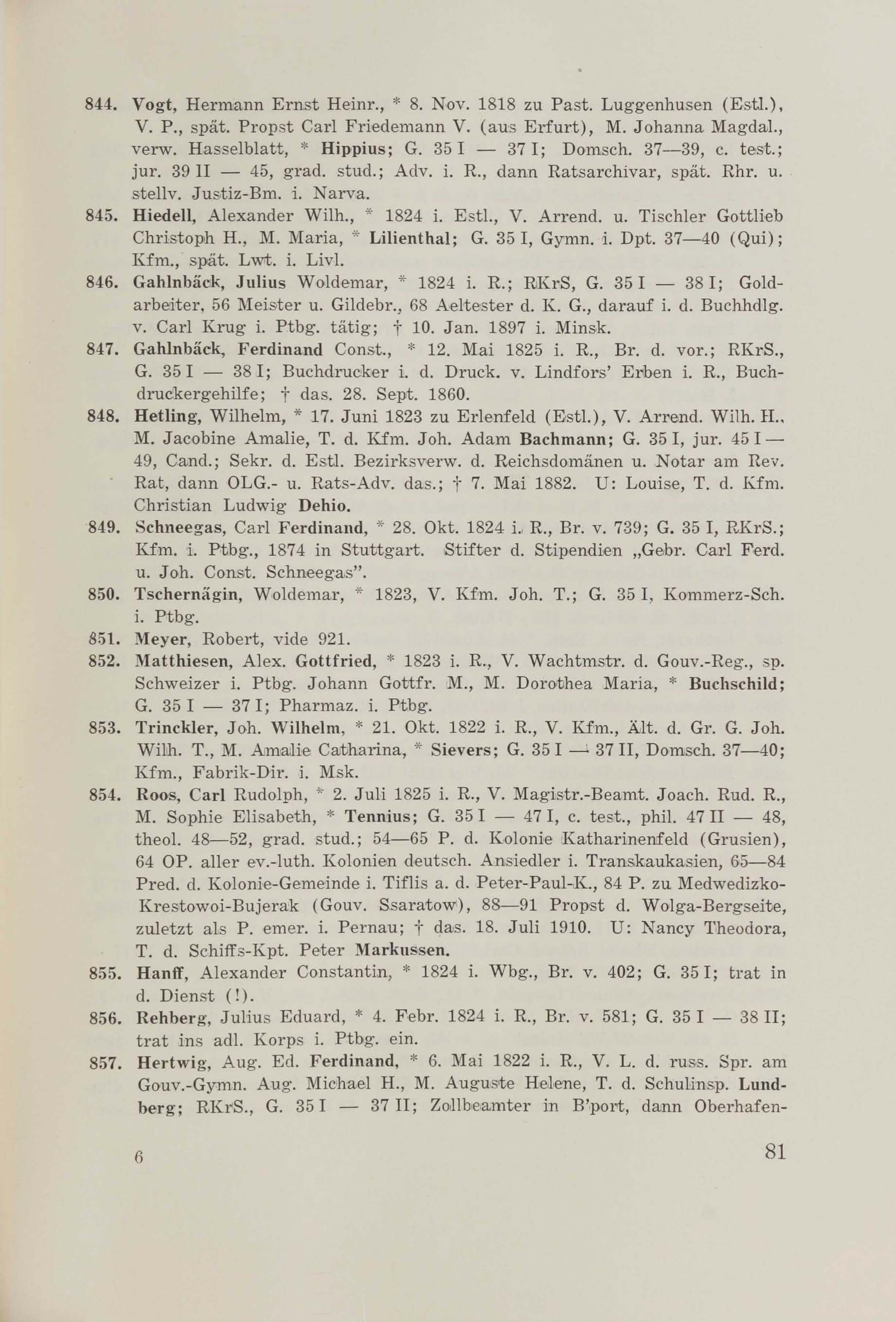 Schüler-Verzeichnis des Revalschen Gouvernements-Gymnasiums 1805–1890 (1931) | 91. (81) Main body of text