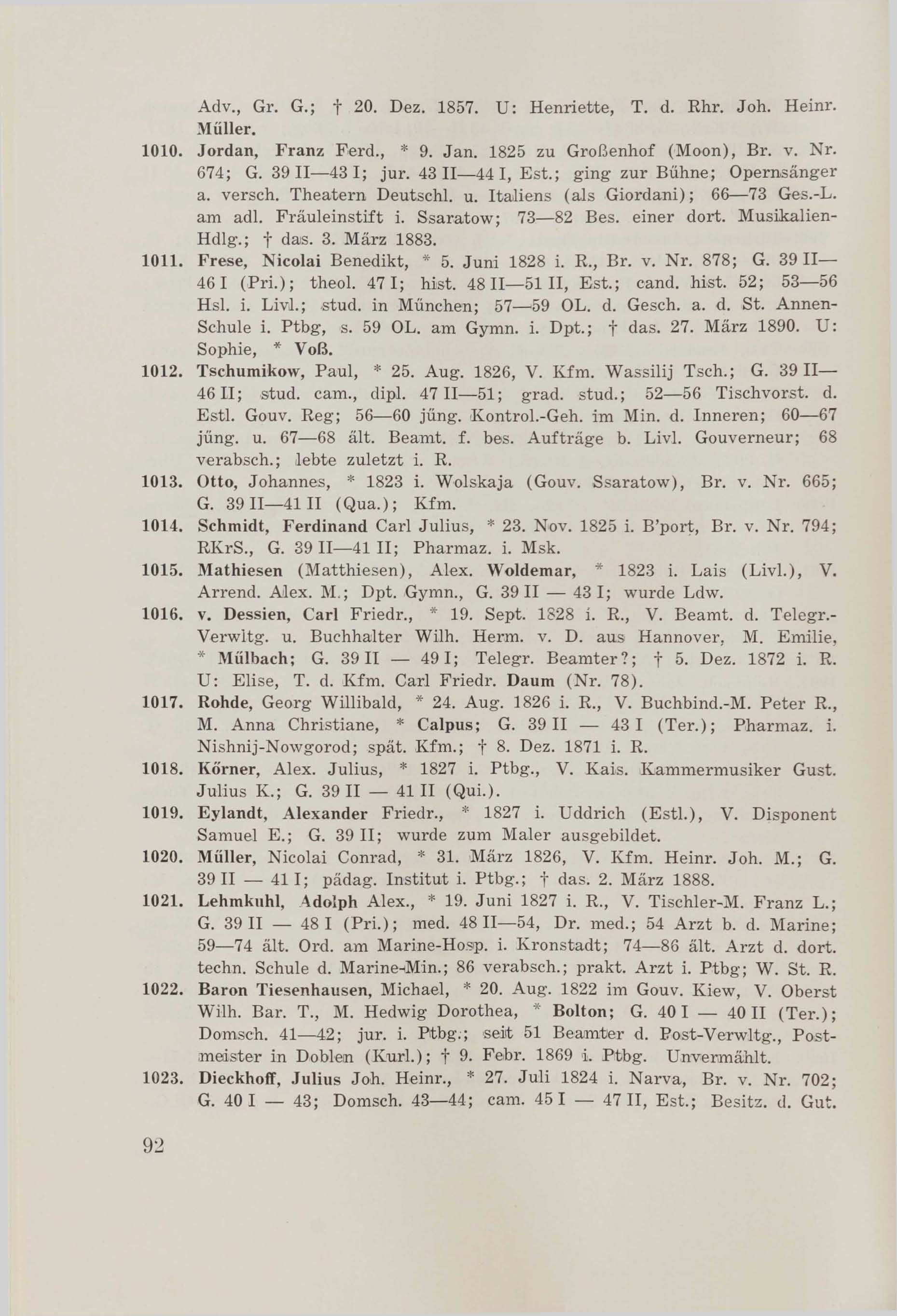 Schüler-Verzeichnis des Revalschen Gouvernements-Gymnasiums 1805–1890 (1931) | 102. (92) Main body of text