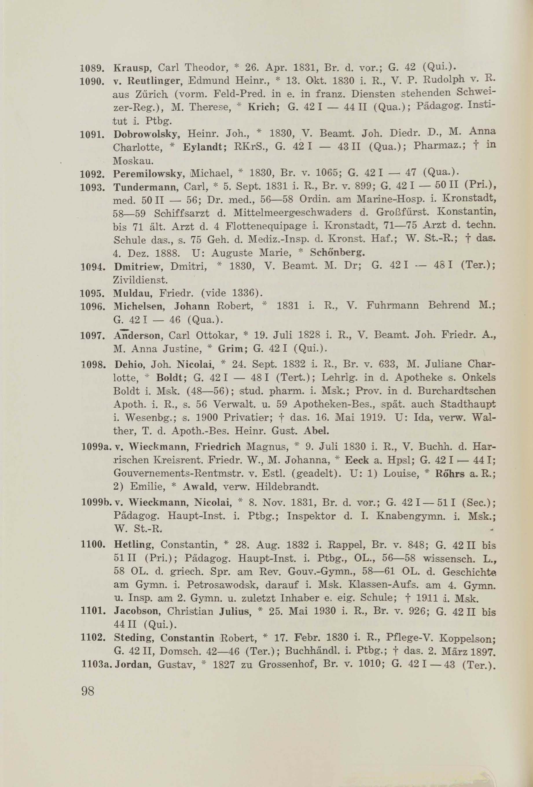 Schüler-Verzeichnis des Revalschen Gouvernements-Gymnasiums 1805–1890 (1931) | 108. (98) Основной текст