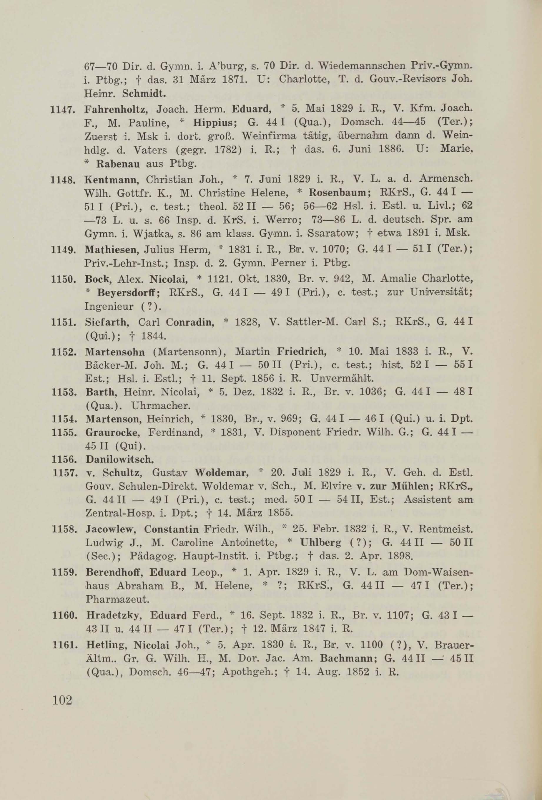 Schüler-Verzeichnis des Revalschen Gouvernements-Gymnasiums 1805–1890 (1931) | 112. (102) Основной текст