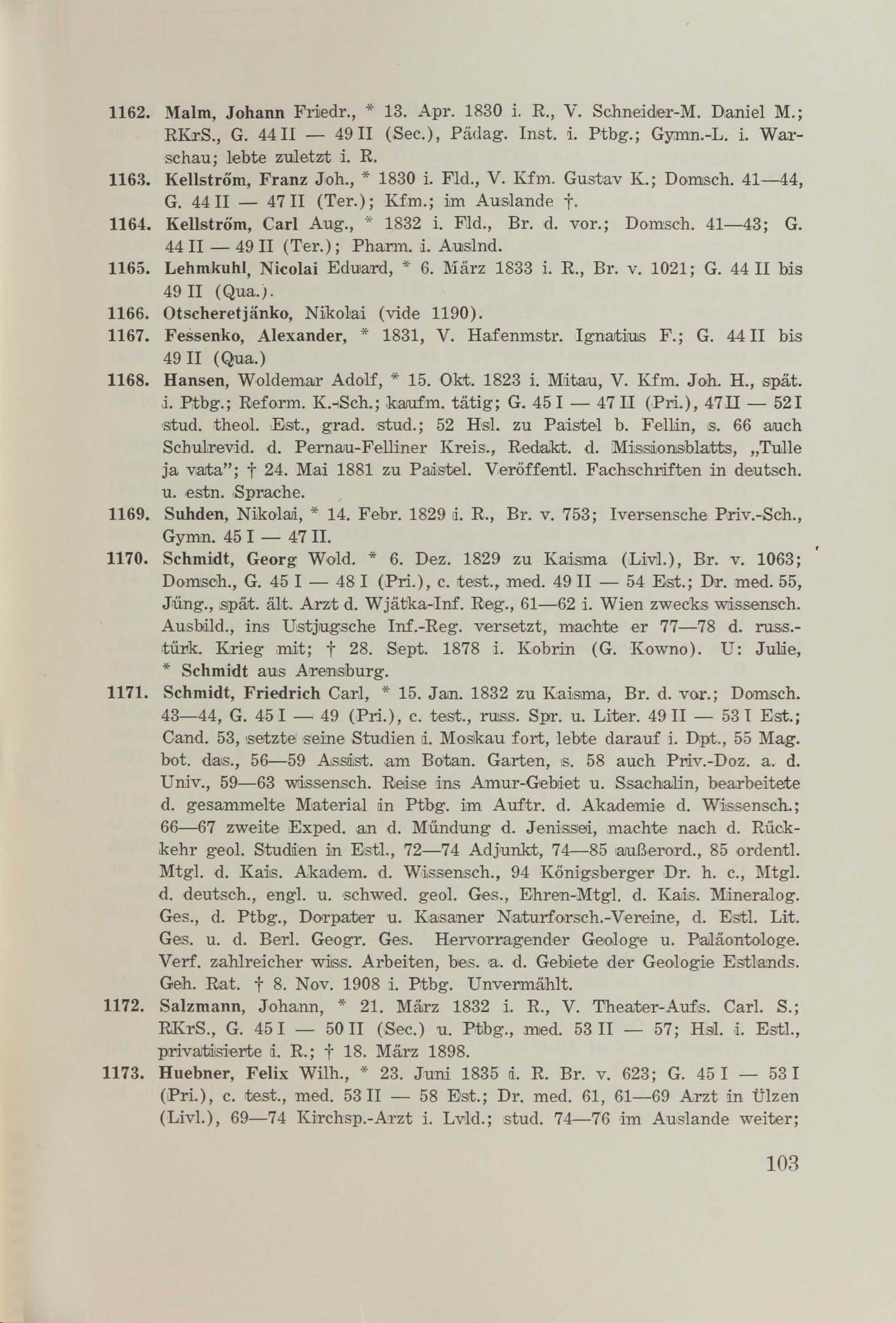 Schüler-Verzeichnis des Revalschen Gouvernements-Gymnasiums 1805–1890 (1931) | 113. (103) Main body of text