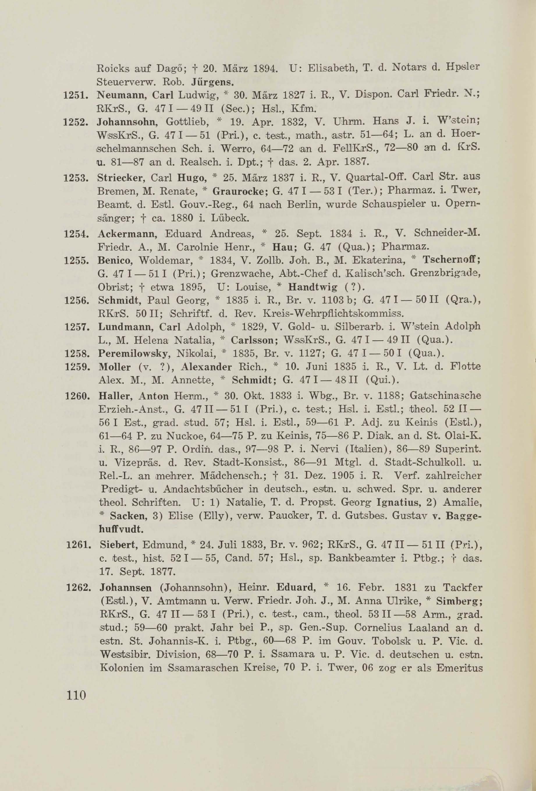 Schüler-Verzeichnis des Revalschen Gouvernements-Gymnasiums 1805–1890 (1931) | 120. (110) Main body of text