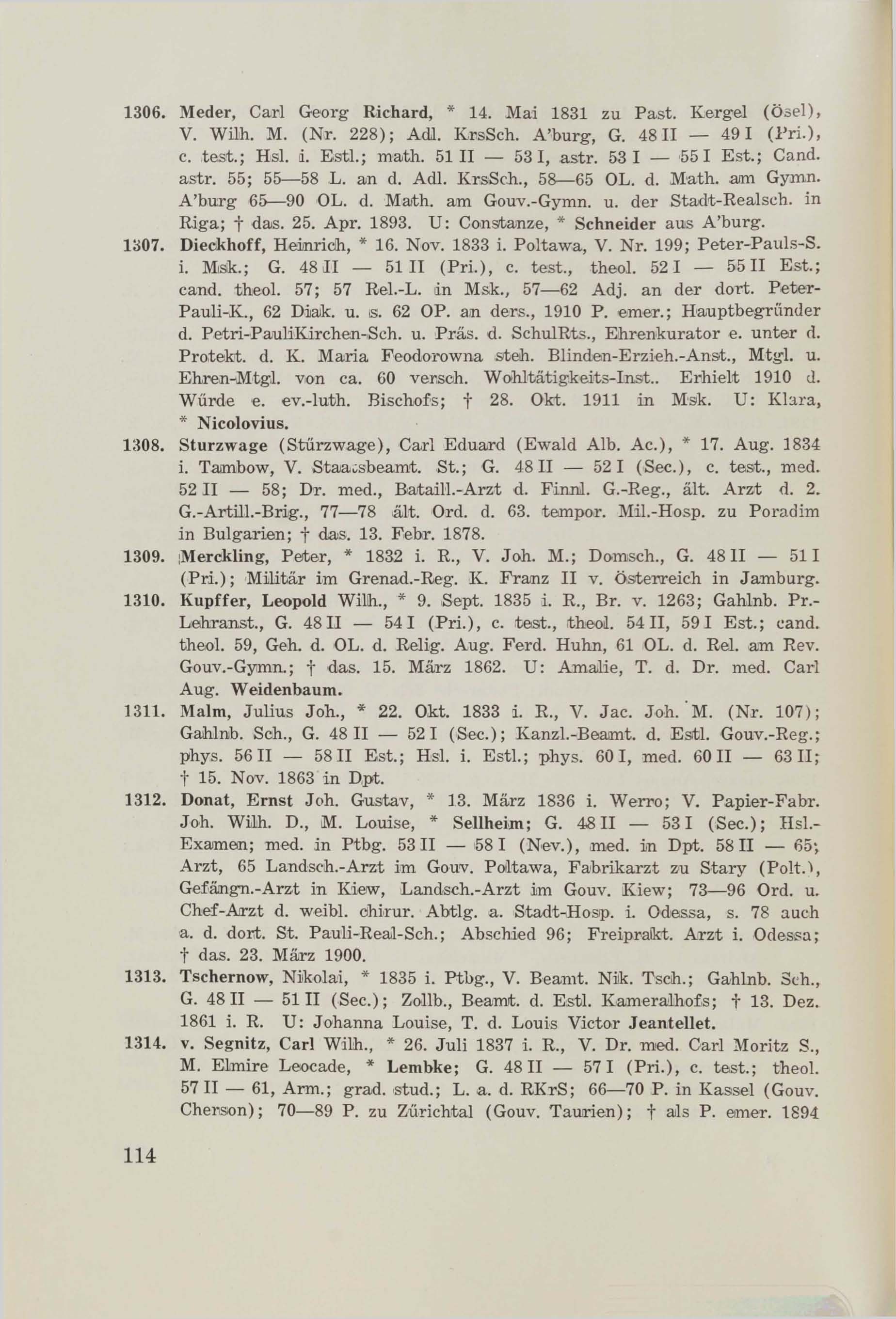 Schüler-Verzeichnis des Revalschen Gouvernements-Gymnasiums 1805–1890 (1931) | 124. (114) Main body of text