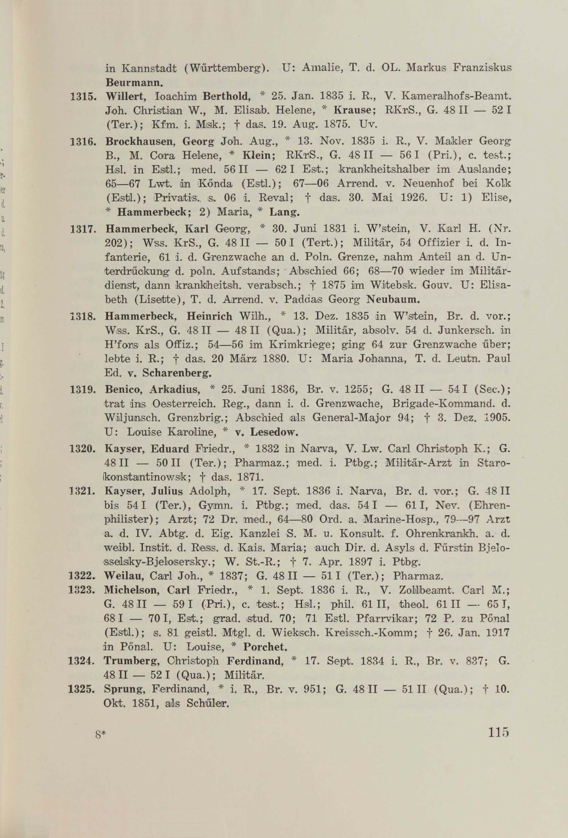 Schüler-Verzeichnis des Revalschen Gouvernements-Gymnasiums 1805–1890 (1931) | 125. (115) Основной текст