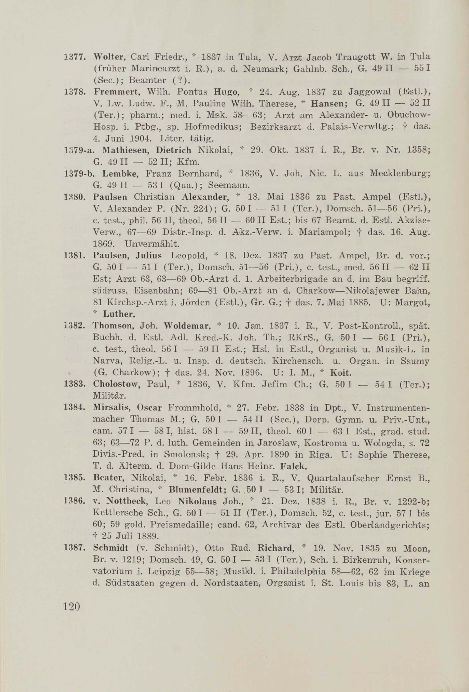 Schüler-Verzeichnis des Revalschen Gouvernements-Gymnasiums 1805–1890 (1931) | 130. (120) Основной текст