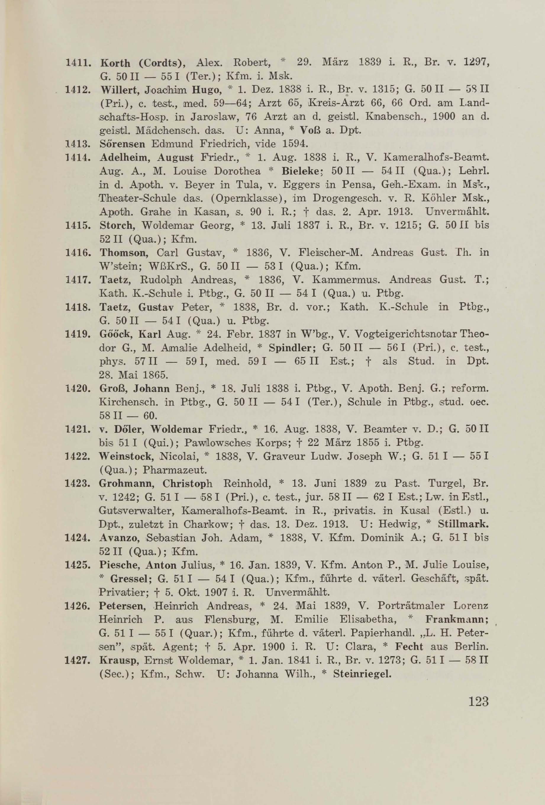 Schüler-Verzeichnis des Revalschen Gouvernements-Gymnasiums 1805–1890 (1931) | 133. (123) Основной текст
