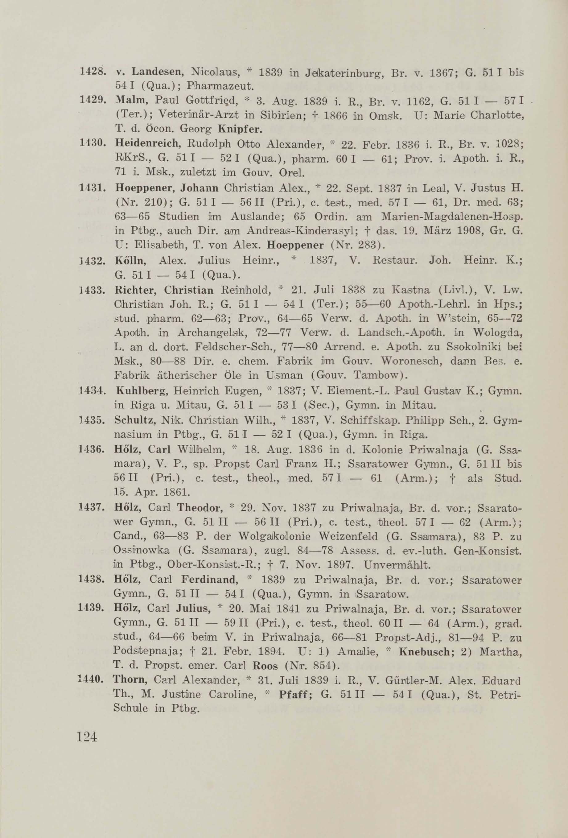 Schüler-Verzeichnis des Revalschen Gouvernements-Gymnasiums 1805–1890 (1931) | 134. (124) Main body of text