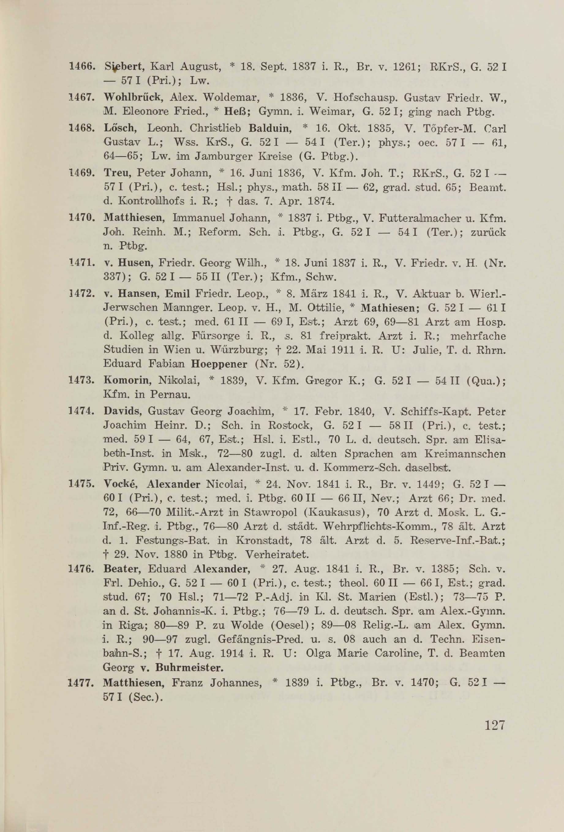 Schüler-Verzeichnis des Revalschen Gouvernements-Gymnasiums 1805–1890 (1931) | 137. (127) Основной текст