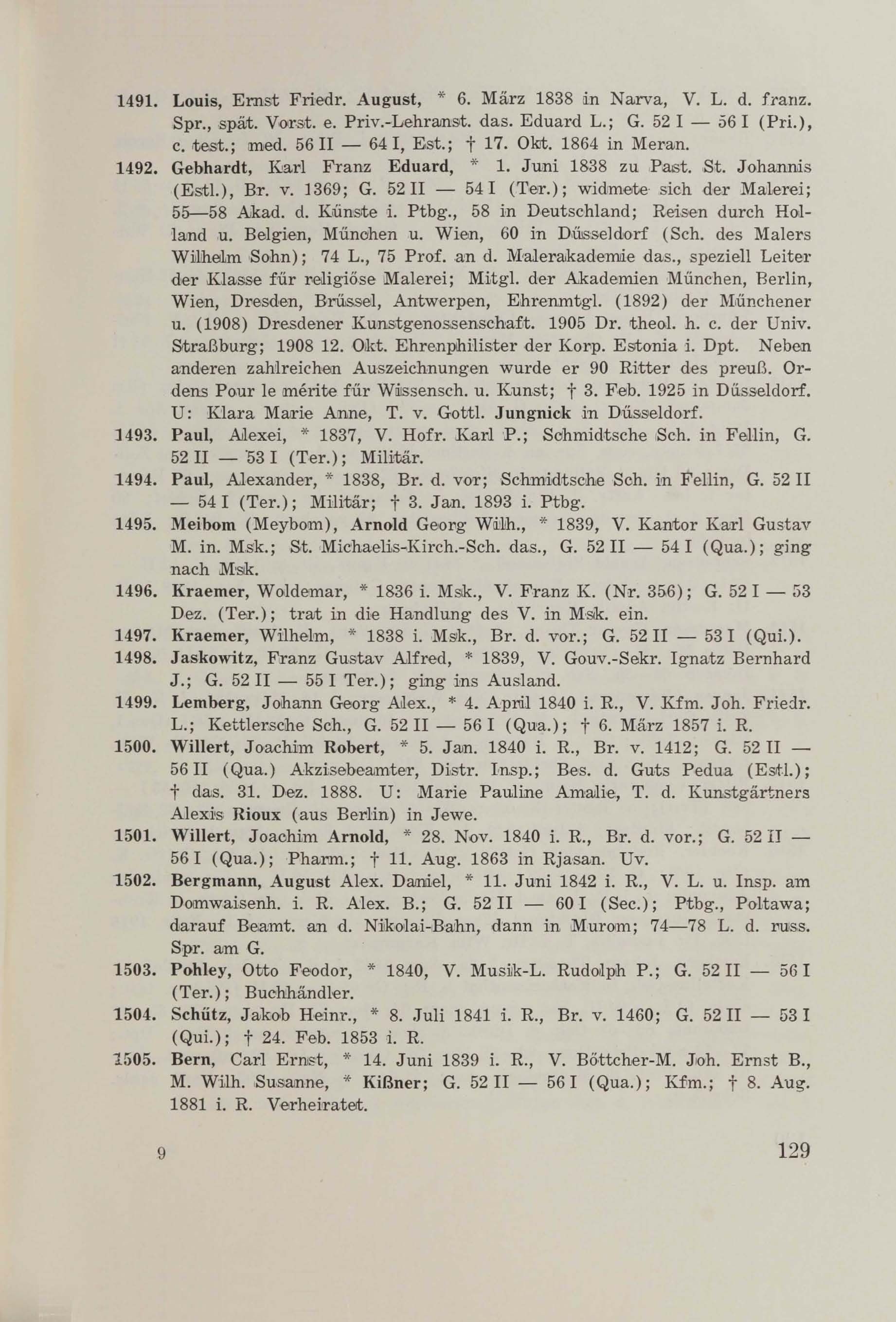 Schüler-Verzeichnis des Revalschen Gouvernements-Gymnasiums 1805–1890 (1931) | 139. (129) Haupttext