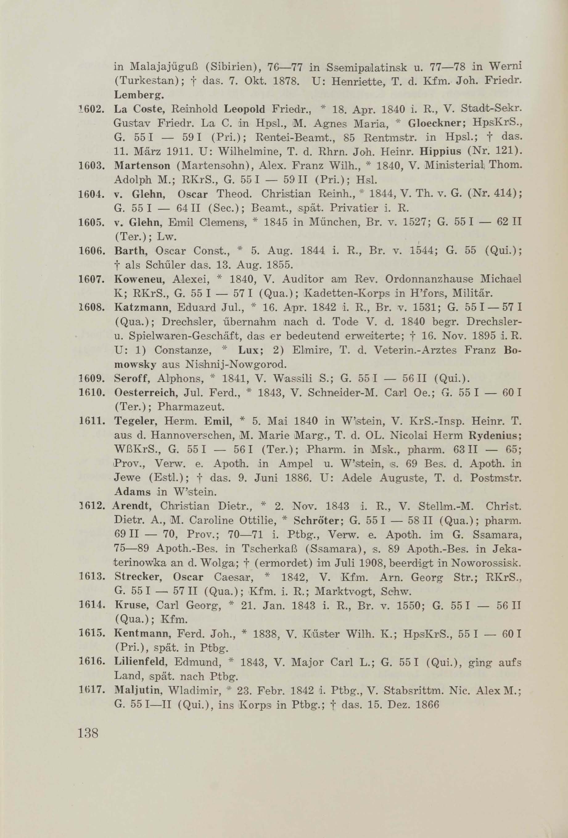 Schüler-Verzeichnis des Revalschen Gouvernements-Gymnasiums 1805–1890 (1931) | 148. (138) Main body of text