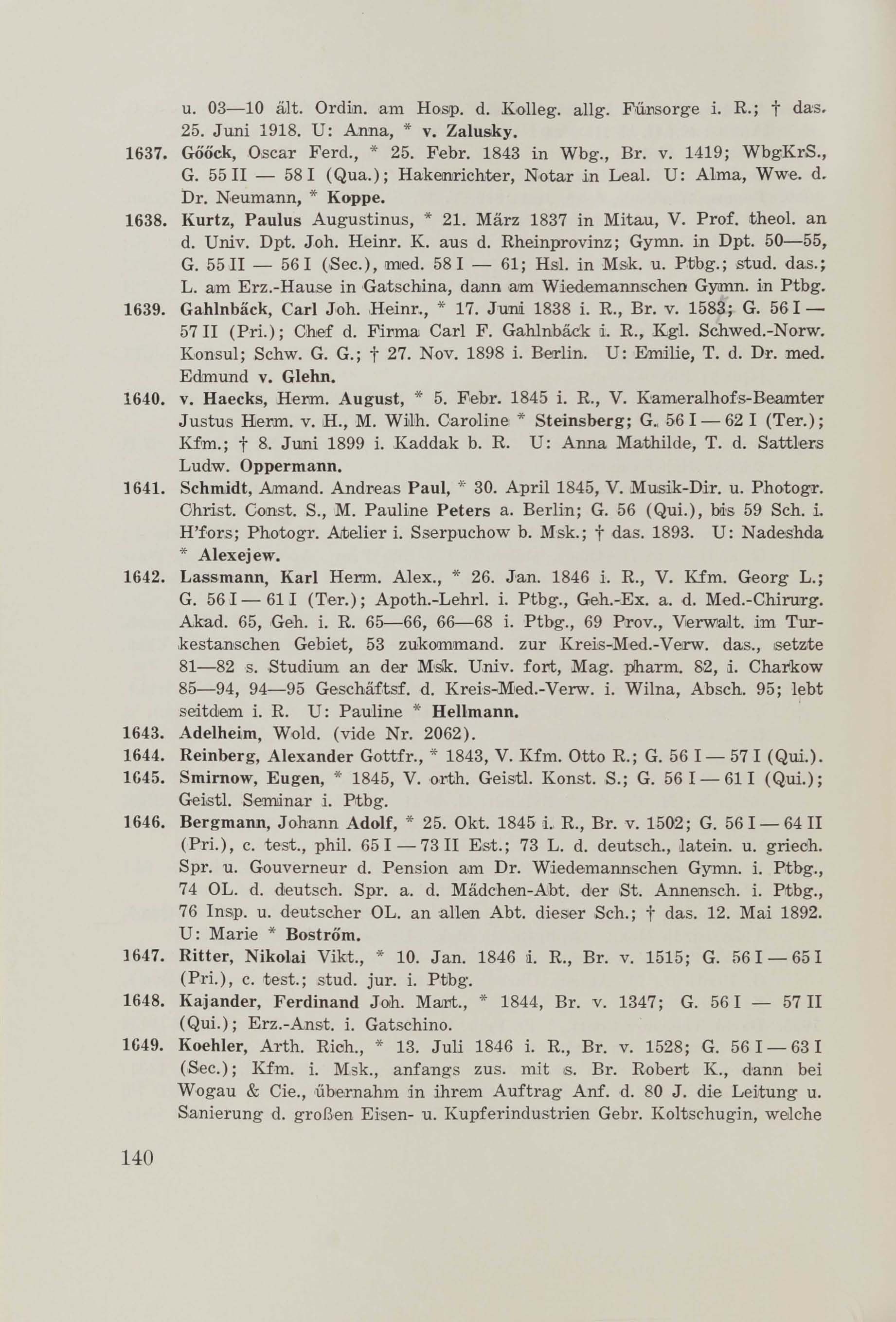 Schüler-Verzeichnis des Revalschen Gouvernements-Gymnasiums 1805–1890 (1931) | 150. (140) Haupttext