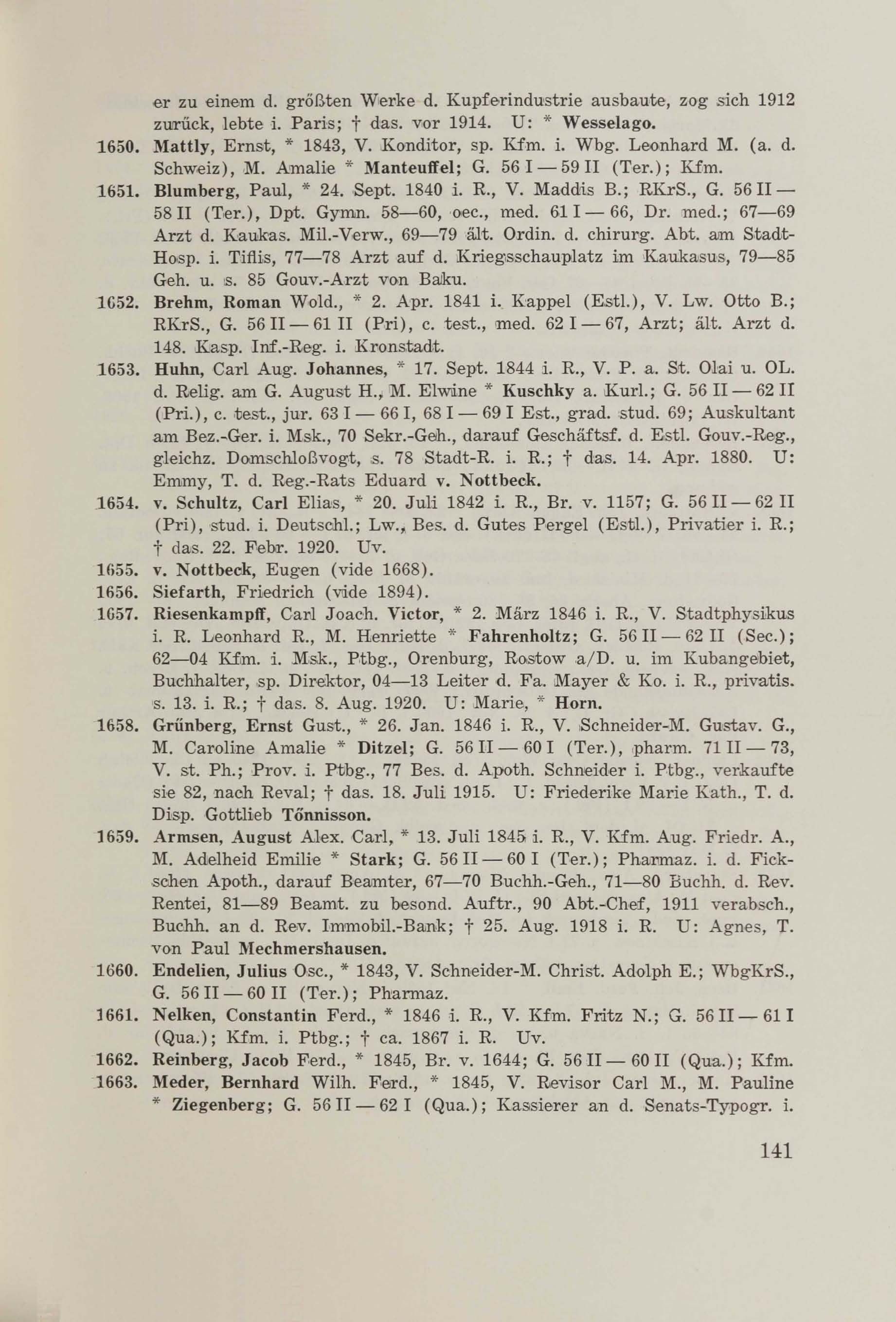 Schüler-Verzeichnis des Revalschen Gouvernements-Gymnasiums 1805–1890 (1931) | 151. (141) Main body of text