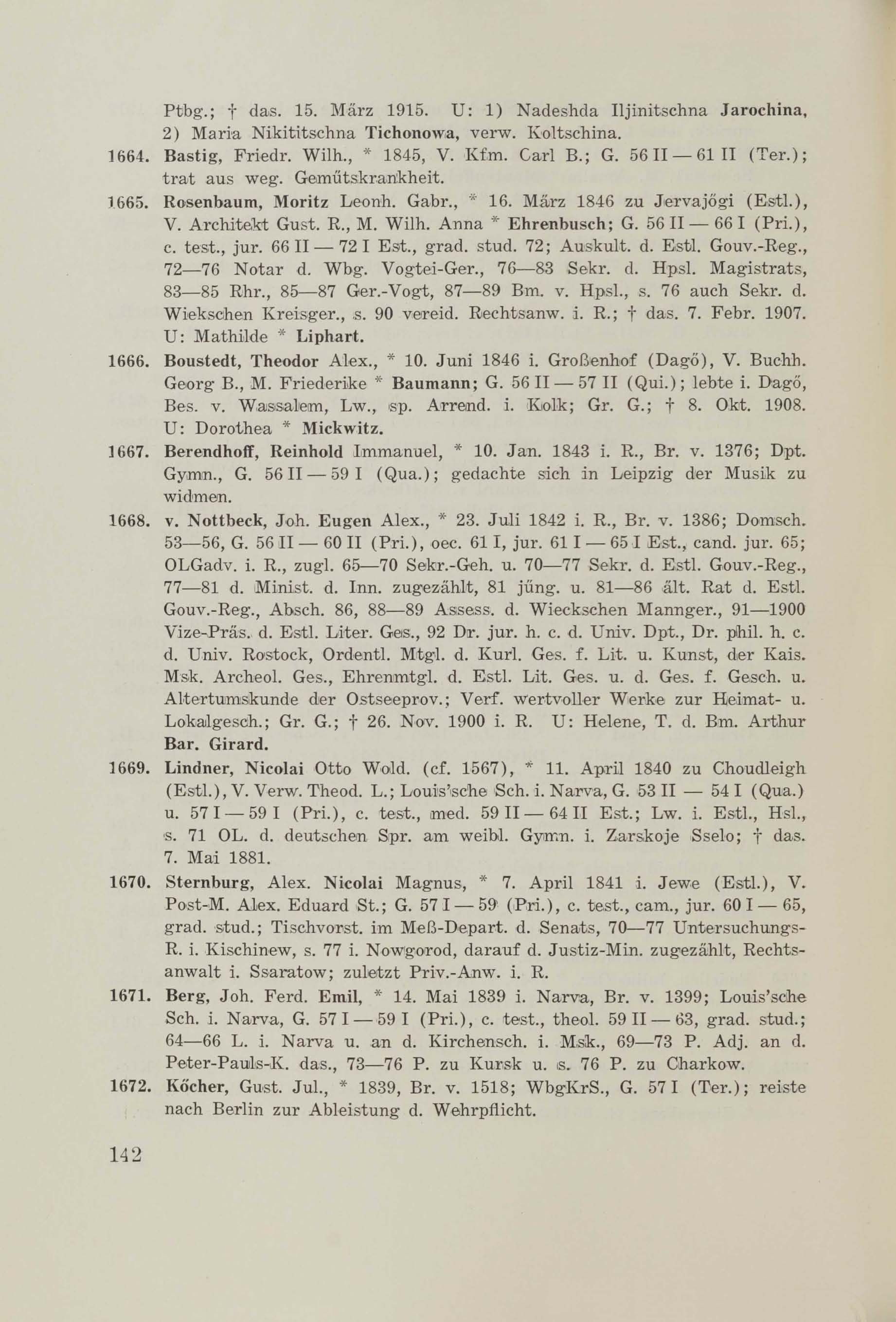 Schüler-Verzeichnis des Revalschen Gouvernements-Gymnasiums 1805–1890 (1931) | 152. (142) Main body of text