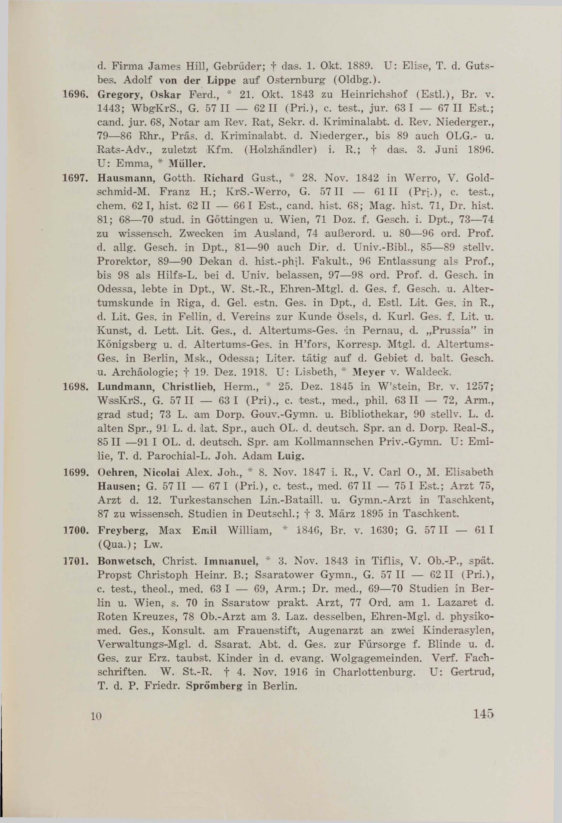 Schüler-Verzeichnis des Revalschen Gouvernements-Gymnasiums 1805–1890 (1931) | 155. (145) Main body of text