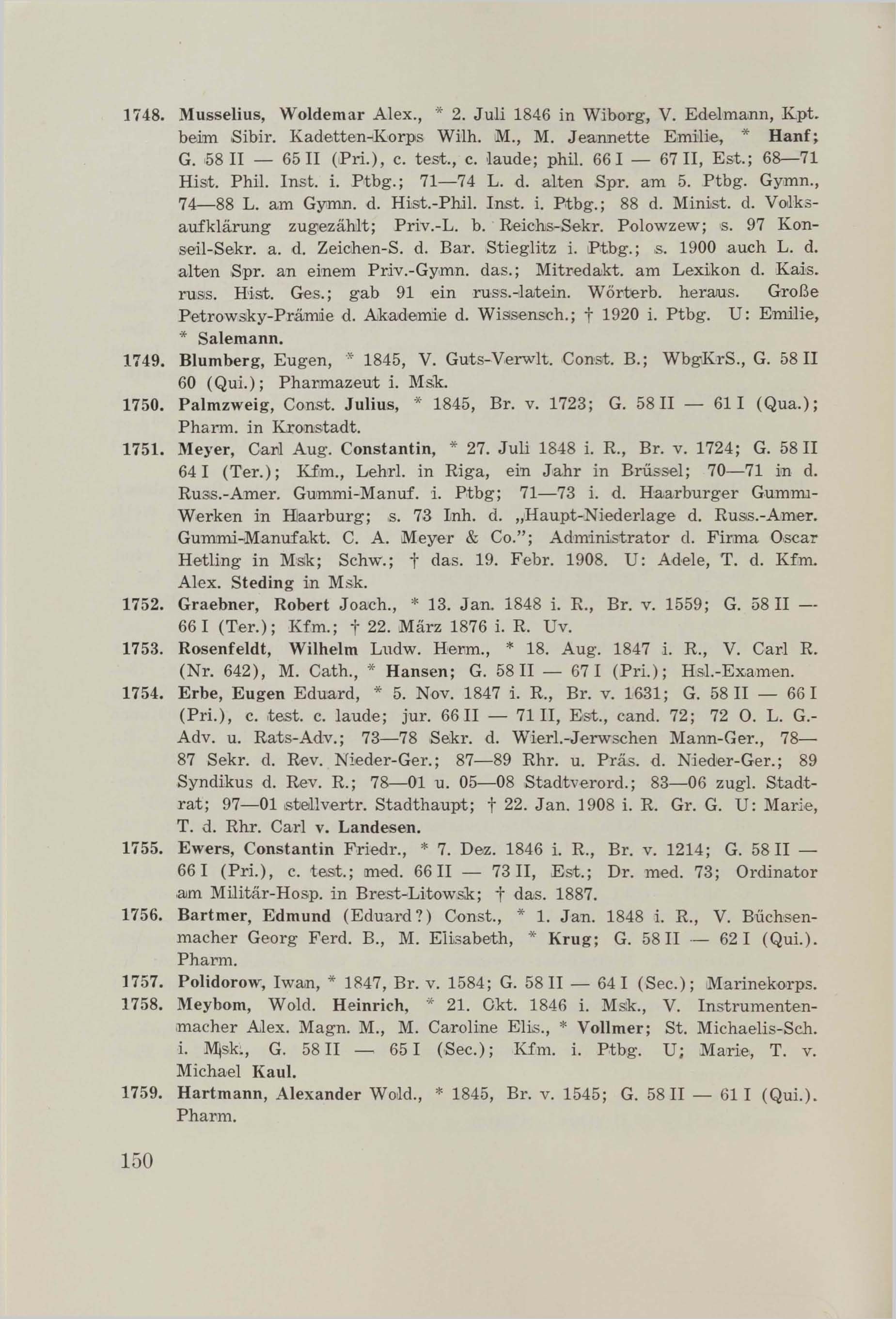 Schüler-Verzeichnis des Revalschen Gouvernements-Gymnasiums 1805–1890 (1931) | 160. (150) Main body of text