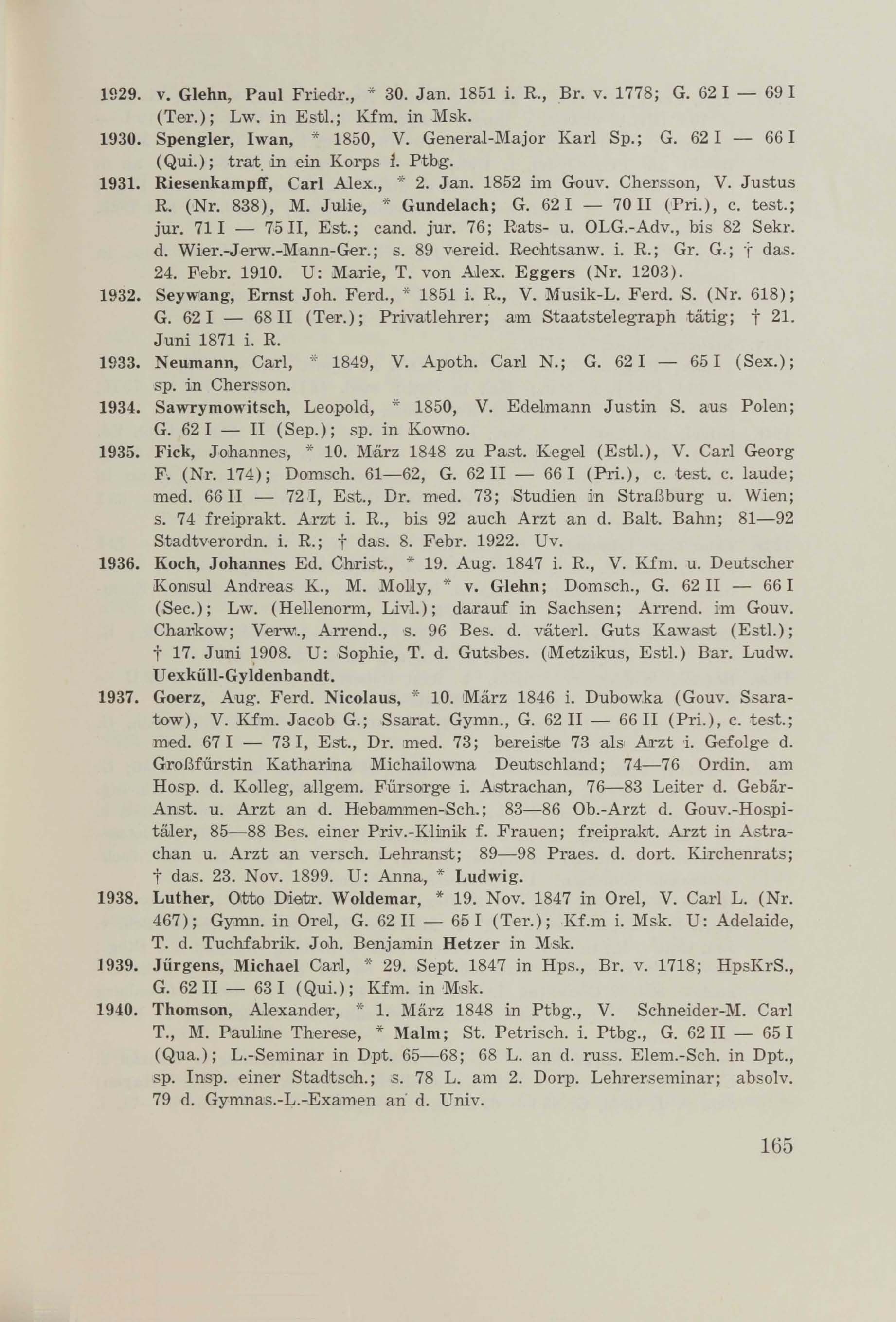 Schüler-Verzeichnis des Revalschen Gouvernements-Gymnasiums 1805–1890 (1931) | 175. (165) Main body of text