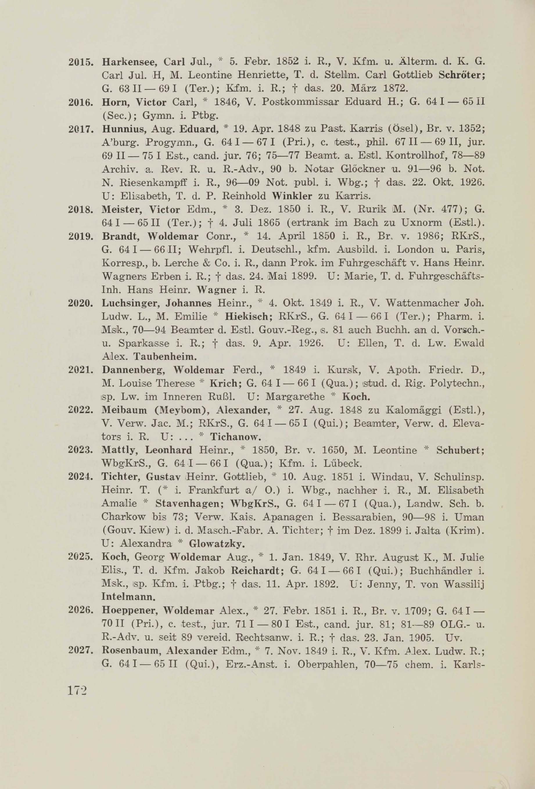 Schüler-Verzeichnis des Revalschen Gouvernements-Gymnasiums 1805–1890 (1931) | 182. (172) Main body of text